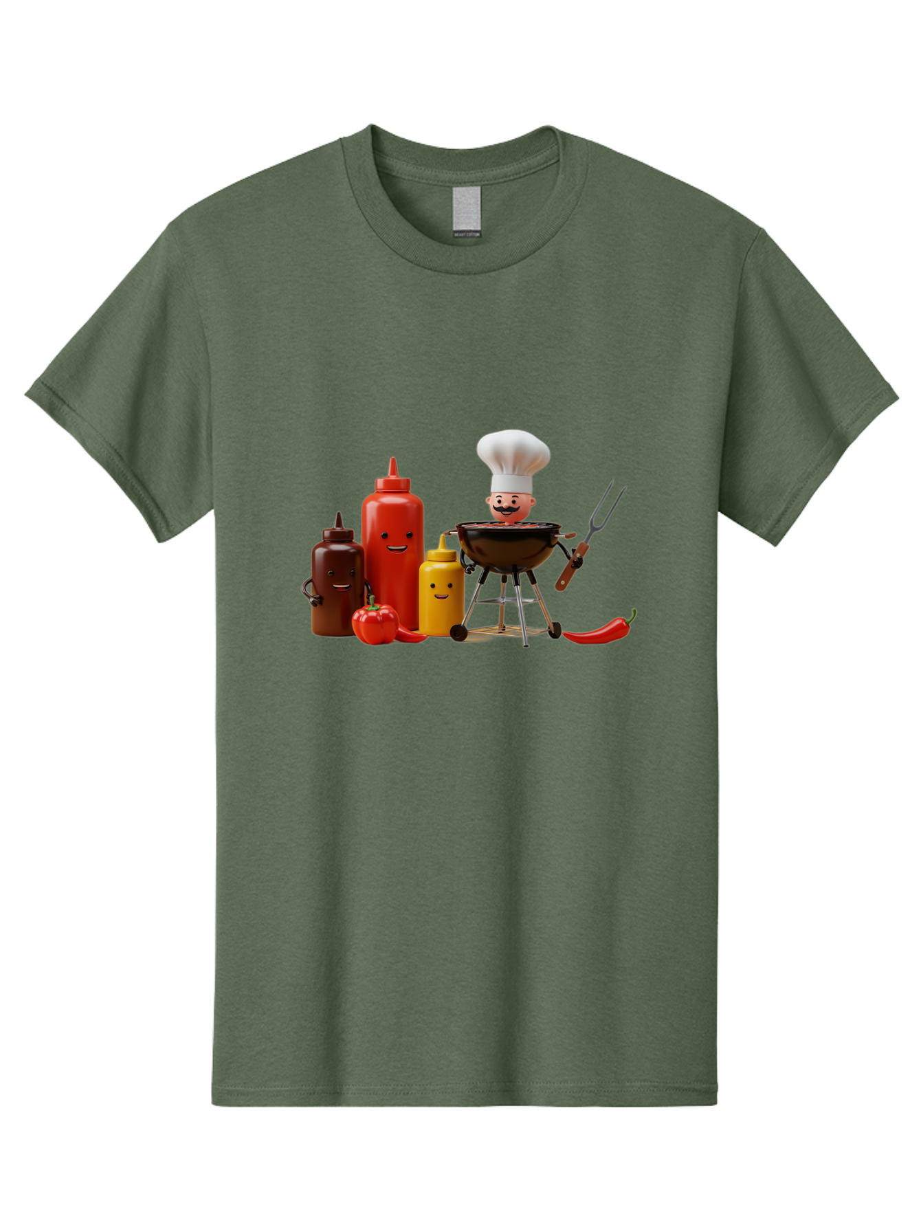 Saucy-Chef Men'S Graphic Tee, 100% Cotton, Comfortable Casual Summer Wear, Machine Washable, Fun Kitchen Utensils, Chef Cooking, Cartoon Characters, Barbecue Grill, Bbq Sauce, Hot Sauce, Mustard Bottle, Cartoon Cooking, Grilled Food, Bac397
