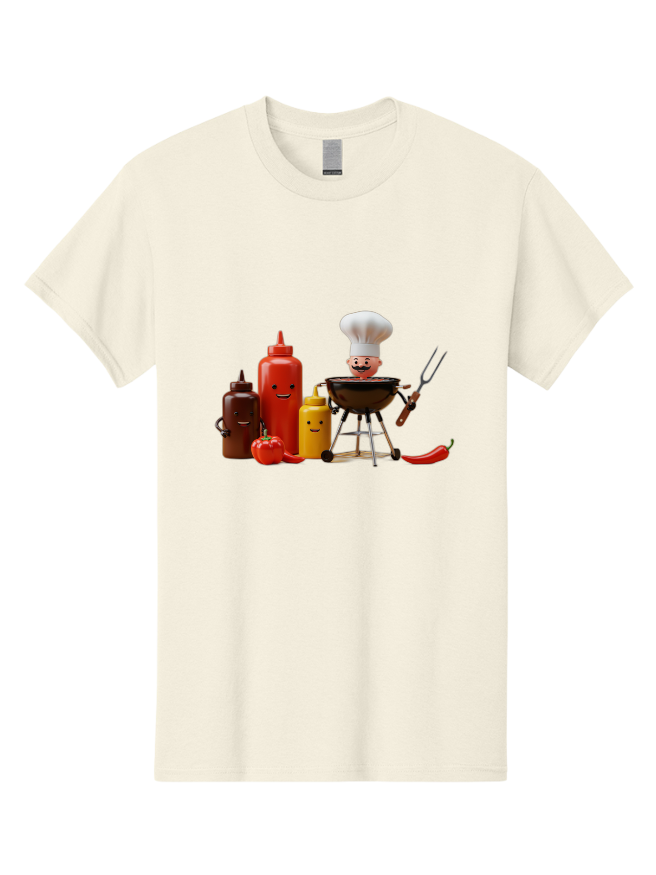 Saucy-Chef Men'S Graphic Tee, 100% Cotton, Comfortable Casual Summer Wear, Machine Washable, Fun Kitchen Utensils, Chef Cooking, Cartoon Characters, Barbecue Grill, Bbq Sauce, Hot Sauce, Mustard Bottle, Cartoon Cooking, Grilled Food, Bac397