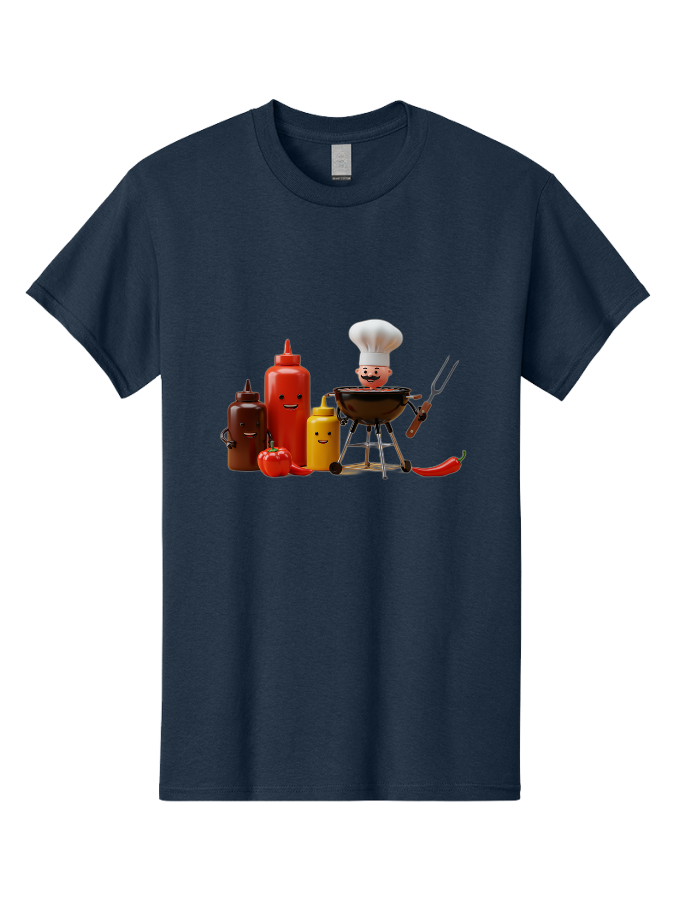Saucy-Chef Men'S Graphic Tee, 100% Cotton, Comfortable Casual Summer Wear, Machine Washable, Fun Kitchen Utensils, Chef Cooking, Cartoon Characters, Barbecue Grill, Bbq Sauce, Hot Sauce, Mustard Bottle, Cartoon Cooking, Grilled Food, Bac397