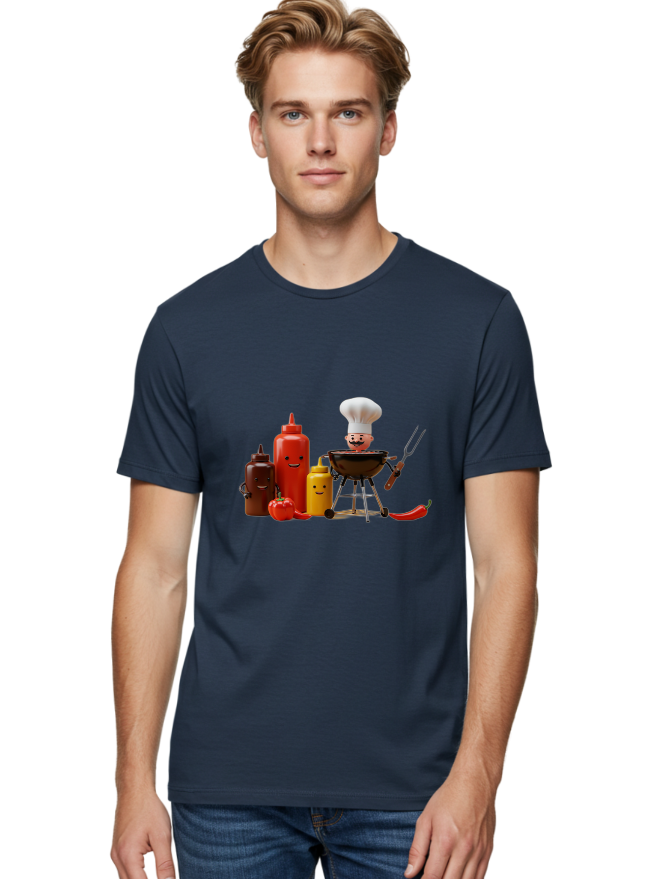 Saucy-Chef Men'S Graphic Tee, 100% Cotton, Comfortable Casual Summer Wear, Machine Washable, Fun Kitchen Utensils, Chef Cooking, Cartoon Characters, Barbecue Grill, Bbq Sauce, Hot Sauce, Mustard Bottle, Cartoon Cooking, Grilled Food, Bac397