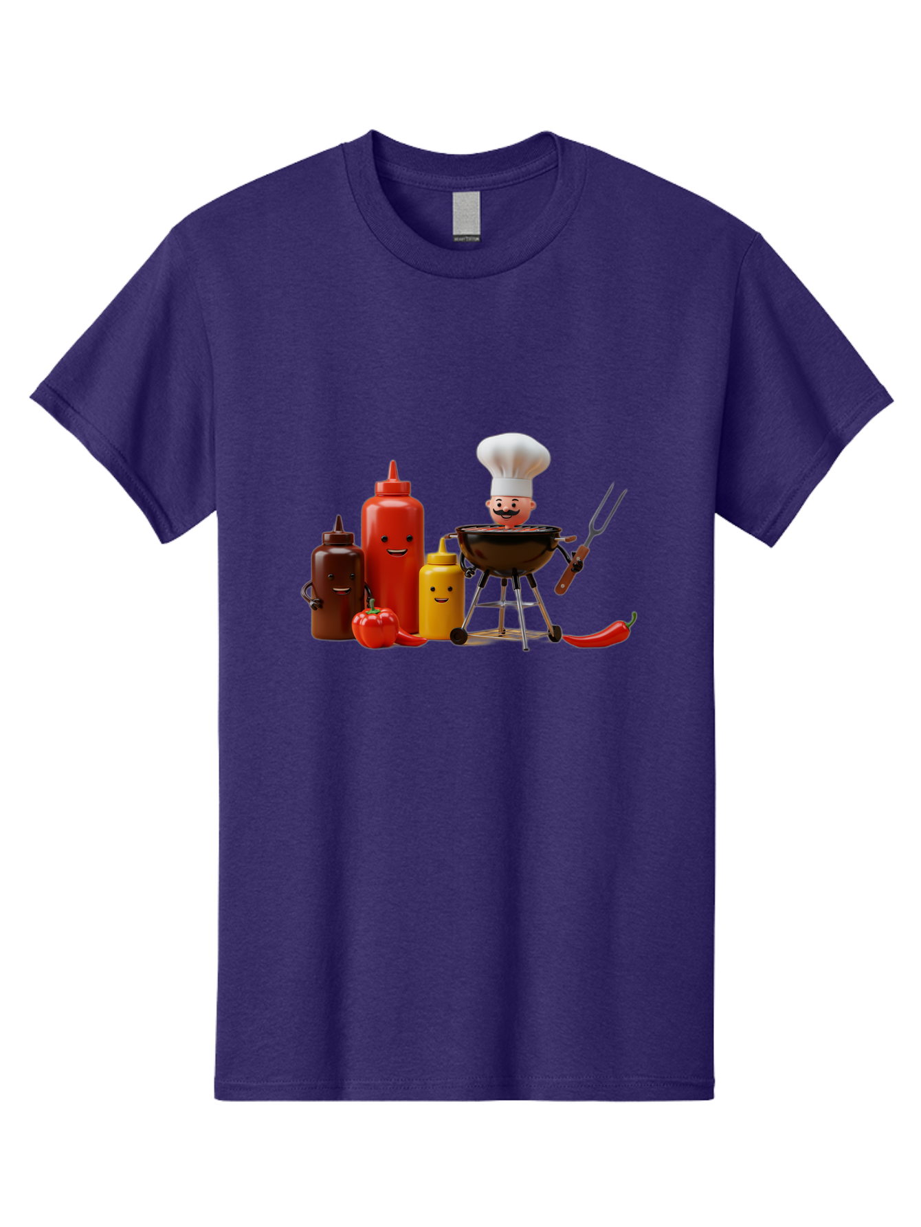 Saucy-Chef Men'S Graphic Tee, 100% Cotton, Comfortable Casual Summer Wear, Machine Washable, Fun Kitchen Utensils, Chef Cooking, Cartoon Characters, Barbecue Grill, Bbq Sauce, Hot Sauce, Mustard Bottle, Cartoon Cooking, Grilled Food, Bac397