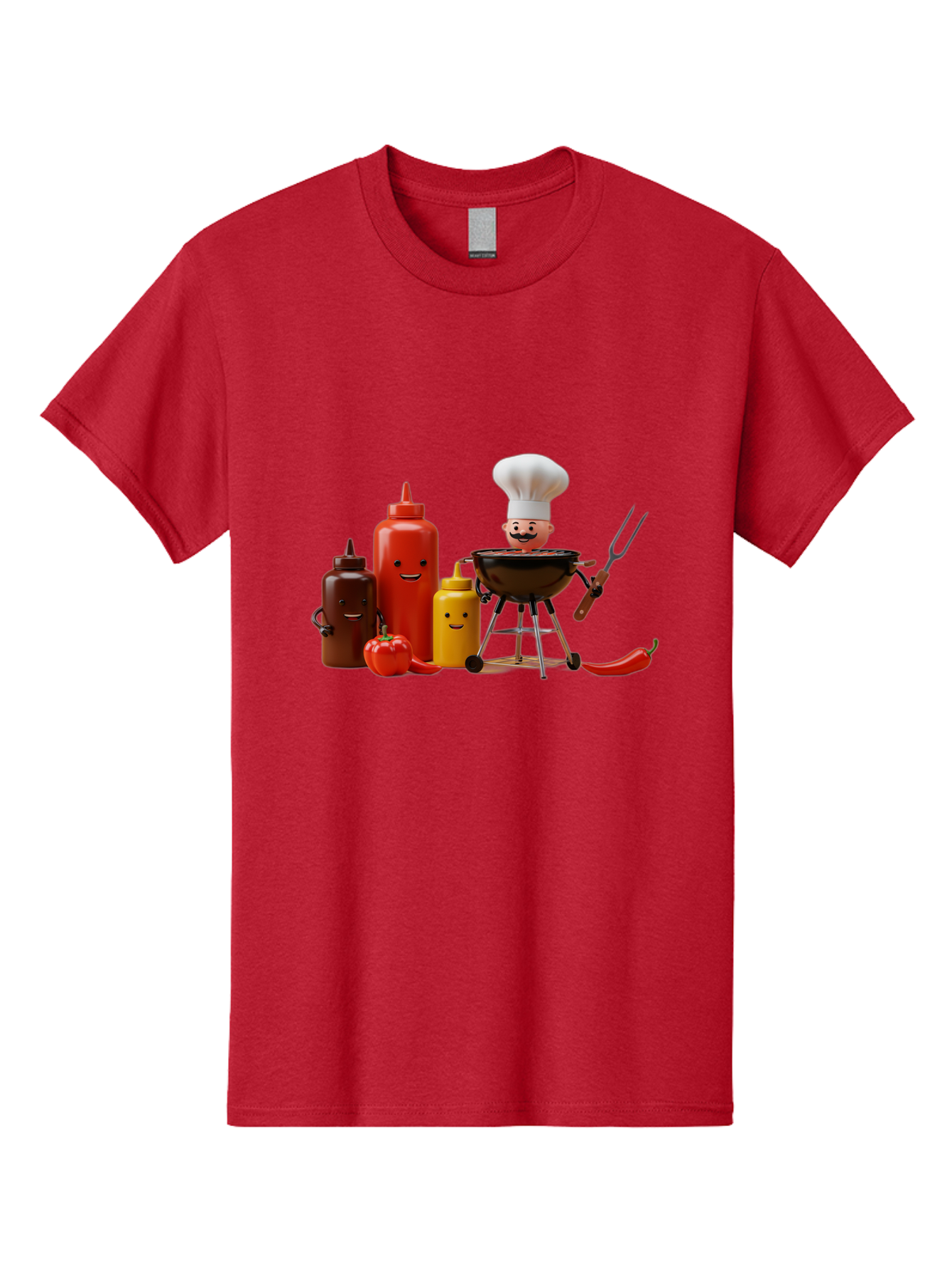 Saucy-Chef Men'S Graphic Tee, 100% Cotton, Comfortable Casual Summer Wear, Machine Washable, Fun Kitchen Utensils, Chef Cooking, Cartoon Characters, Barbecue Grill, Bbq Sauce, Hot Sauce, Mustard Bottle, Cartoon Cooking, Grilled Food, Bac397