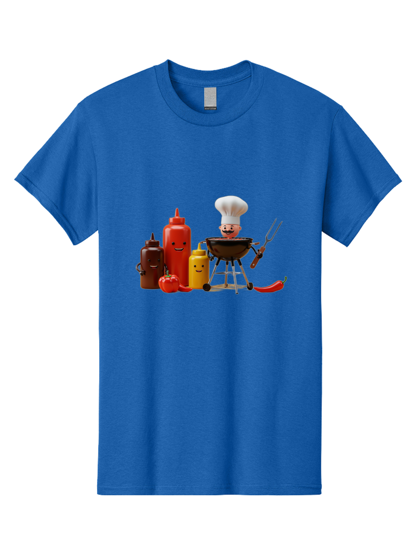 Saucy-Chef Men'S Graphic Tee, 100% Cotton, Comfortable Casual Summer Wear, Machine Washable, Fun Kitchen Utensils, Chef Cooking, Cartoon Characters, Barbecue Grill, Bbq Sauce, Hot Sauce, Mustard Bottle, Cartoon Cooking, Grilled Food, Bac397
