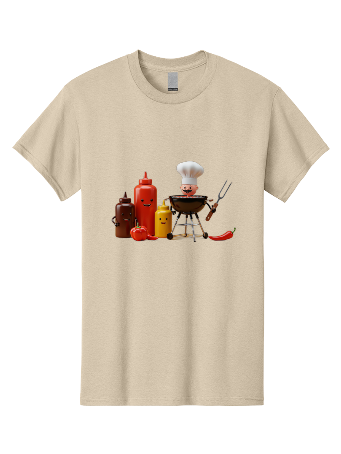 Saucy-Chef Men'S Graphic Tee, 100% Cotton, Comfortable Casual Summer Wear, Machine Washable, Fun Kitchen Utensils, Chef Cooking, Cartoon Characters, Barbecue Grill, Bbq Sauce, Hot Sauce, Mustard Bottle, Cartoon Cooking, Grilled Food, Bac397