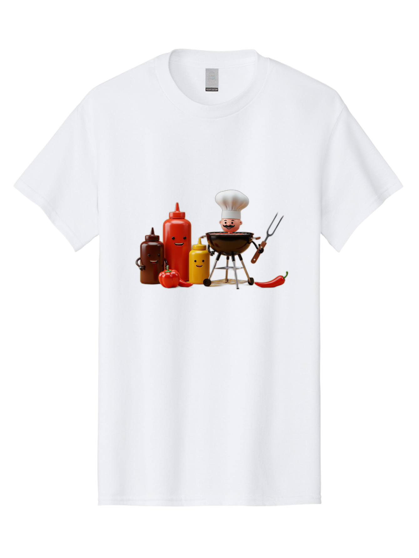 Saucy-Chef Men'S Graphic Tee, 100% Cotton, Comfortable Casual Summer Wear, Machine Washable, Fun Kitchen Utensils, Chef Cooking, Cartoon Characters, Barbecue Grill, Bbq Sauce, Hot Sauce, Mustard Bottle, Cartoon Cooking, Grilled Food, Bac397