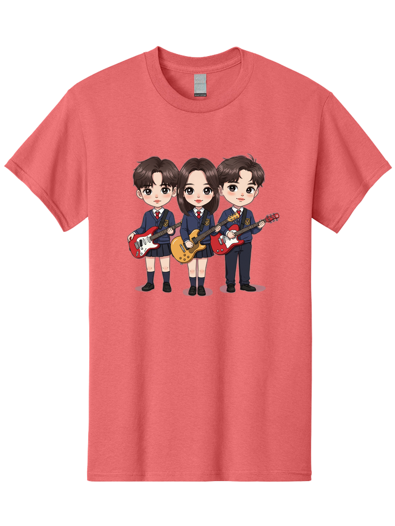 School-Kids-Band Men'S Graphic Tee, 100% Cotton, Comfortable Casual Summer Wear, Machine Washable, School Kids Playing Guitars, Cartoon Characters, School Uniforms, Music Enthusiasts, Youth Culture, Guitar Riffs, Playful Scene, Student Band Bac399