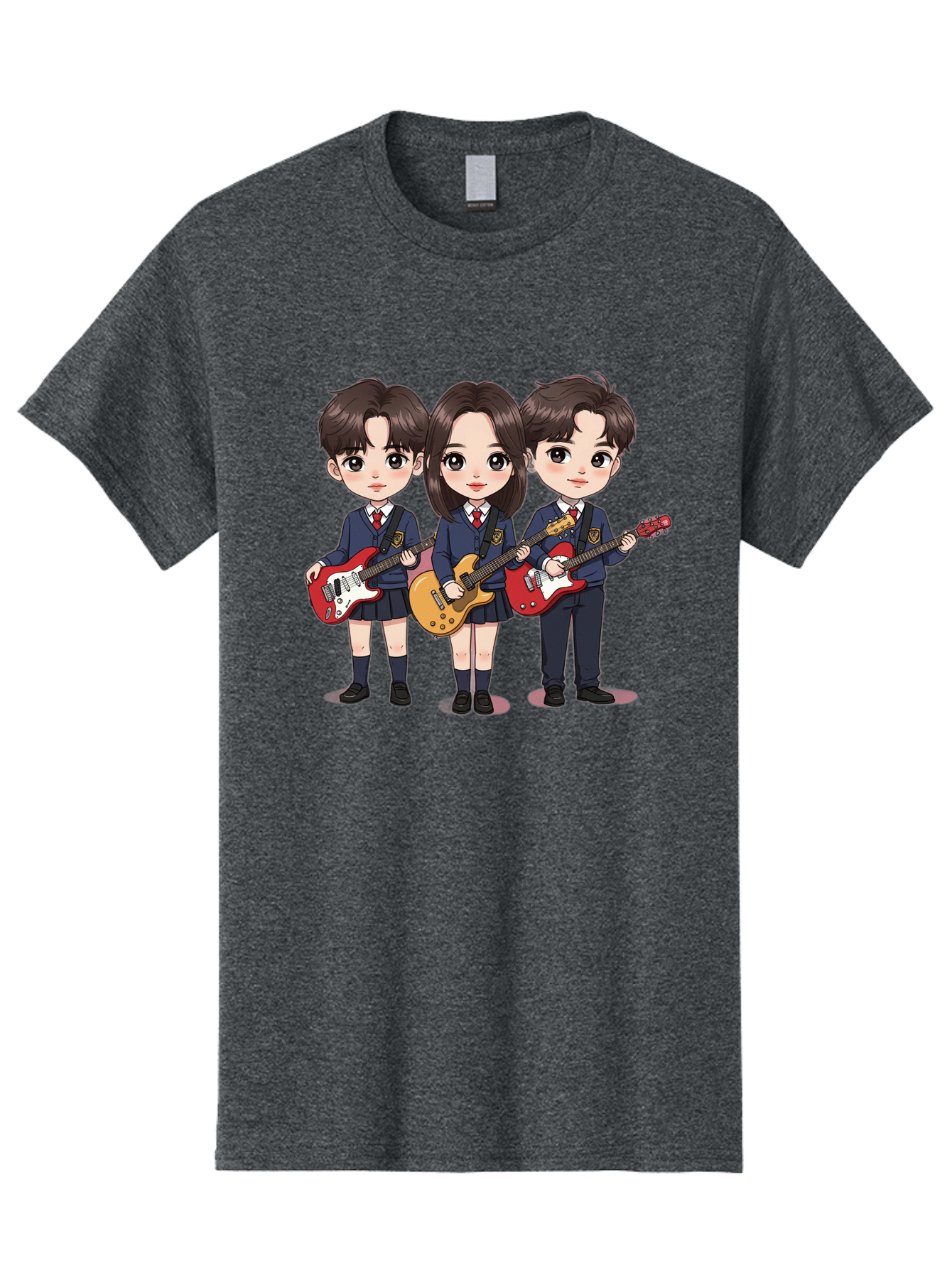 School-Kids-Band Men'S Graphic Tee, 100% Cotton, Comfortable Casual Summer Wear, Machine Washable, School Kids Playing Guitars, Cartoon Characters, School Uniforms, Music Enthusiasts, Youth Culture, Guitar Riffs, Playful Scene, Student Band Bac399