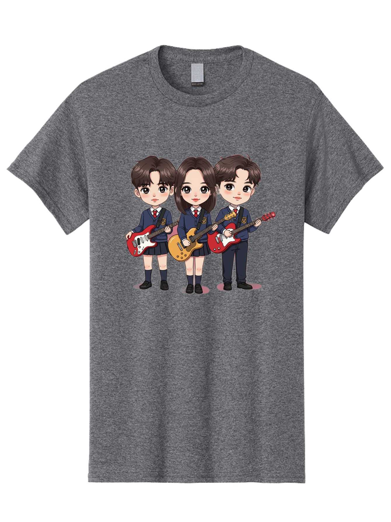 School-Kids-Band Men'S Graphic Tee, 100% Cotton, Comfortable Casual Summer Wear, Machine Washable, School Kids Playing Guitars, Cartoon Characters, School Uniforms, Music Enthusiasts, Youth Culture, Guitar Riffs, Playful Scene, Student Band Bac399