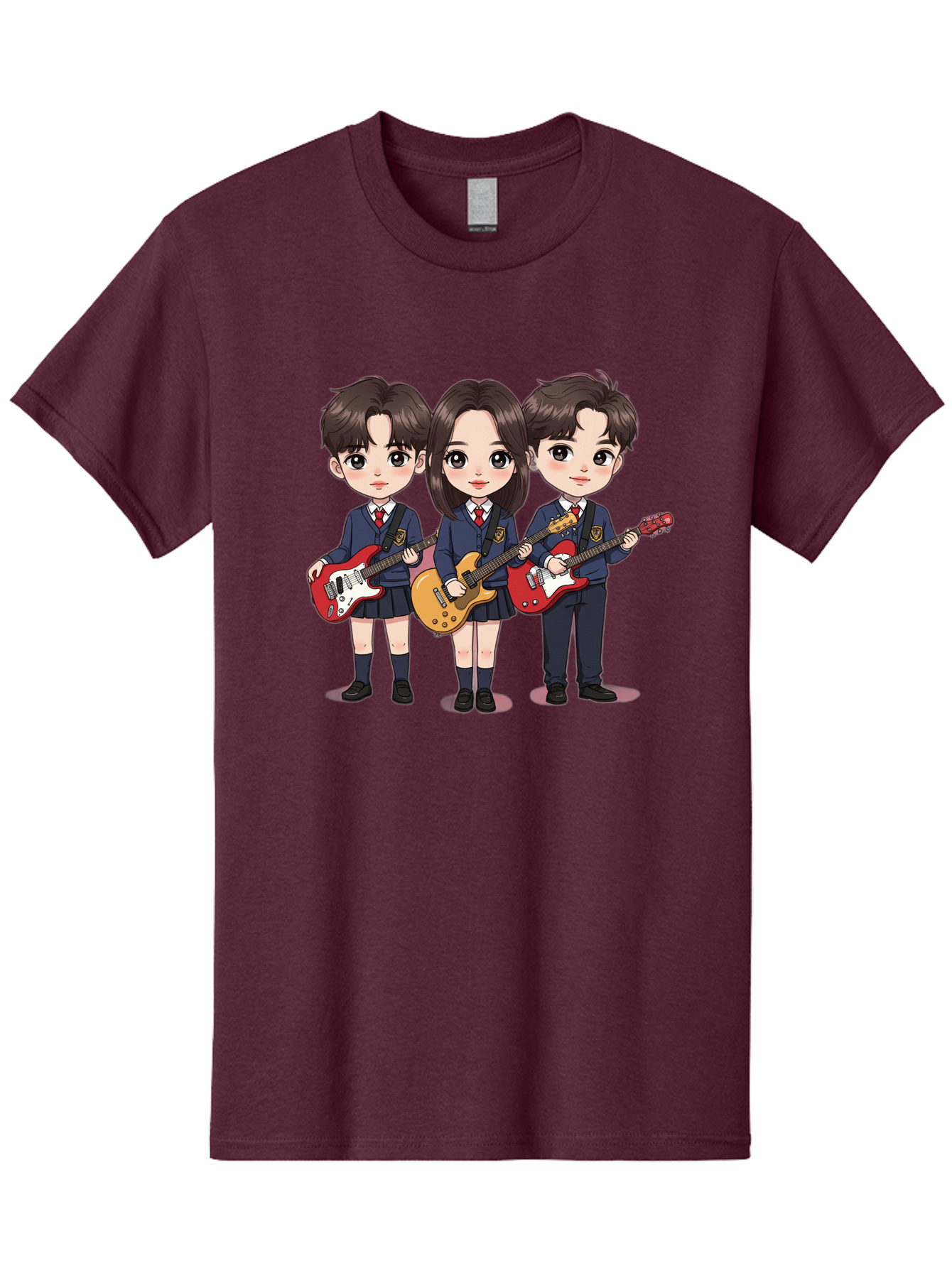 School-Kids-Band Men'S Graphic Tee, 100% Cotton, Comfortable Casual Summer Wear, Machine Washable, School Kids Playing Guitars, Cartoon Characters, School Uniforms, Music Enthusiasts, Youth Culture, Guitar Riffs, Playful Scene, Student Band Bac399