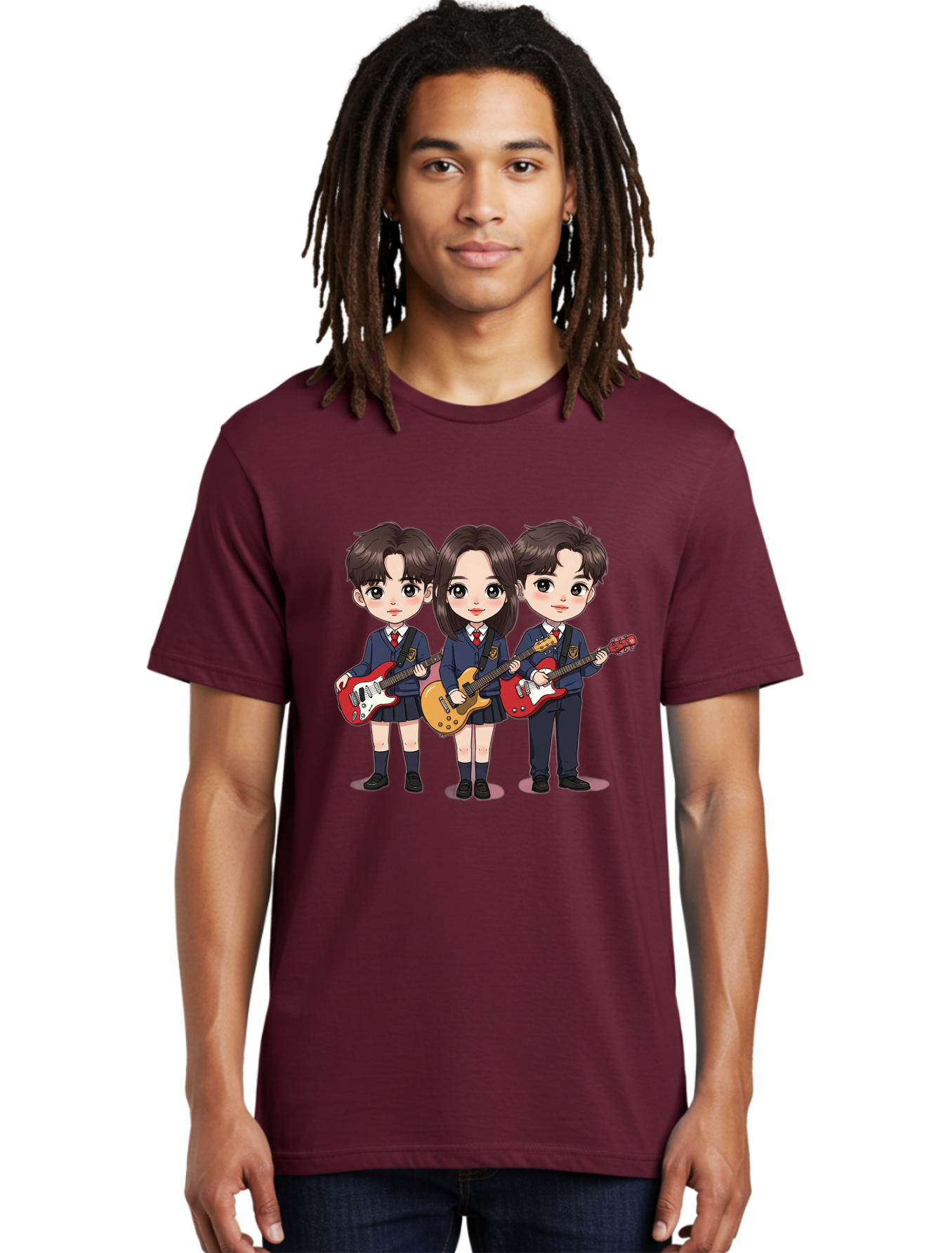 School-Kids-Band Men'S Graphic Tee, 100% Cotton, Comfortable Casual Summer Wear, Machine Washable, School Kids Playing Guitars, Cartoon Characters, School Uniforms, Music Enthusiasts, Youth Culture, Guitar Riffs, Playful Scene, Student Band Bac399