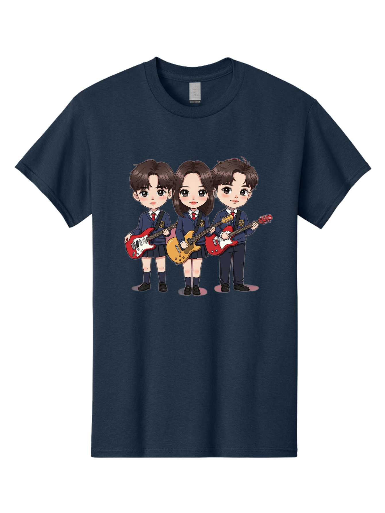 School-Kids-Band Men'S Graphic Tee, 100% Cotton, Comfortable Casual Summer Wear, Machine Washable, School Kids Playing Guitars, Cartoon Characters, School Uniforms, Music Enthusiasts, Youth Culture, Guitar Riffs, Playful Scene, Student Band Bac399