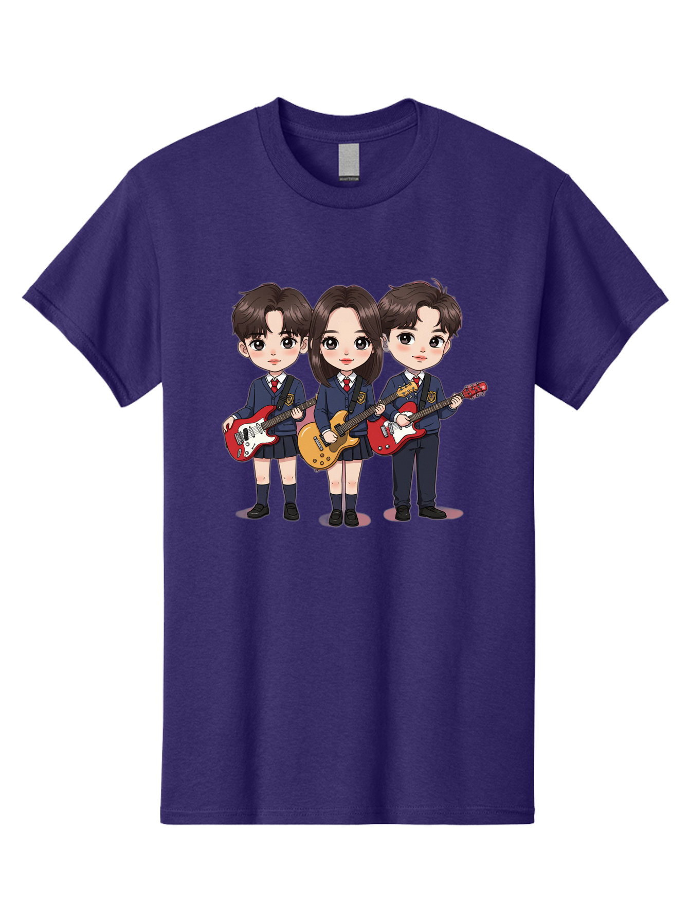 School-Kids-Band Men'S Graphic Tee, 100% Cotton, Comfortable Casual Summer Wear, Machine Washable, School Kids Playing Guitars, Cartoon Characters, School Uniforms, Music Enthusiasts, Youth Culture, Guitar Riffs, Playful Scene, Student Band Bac399