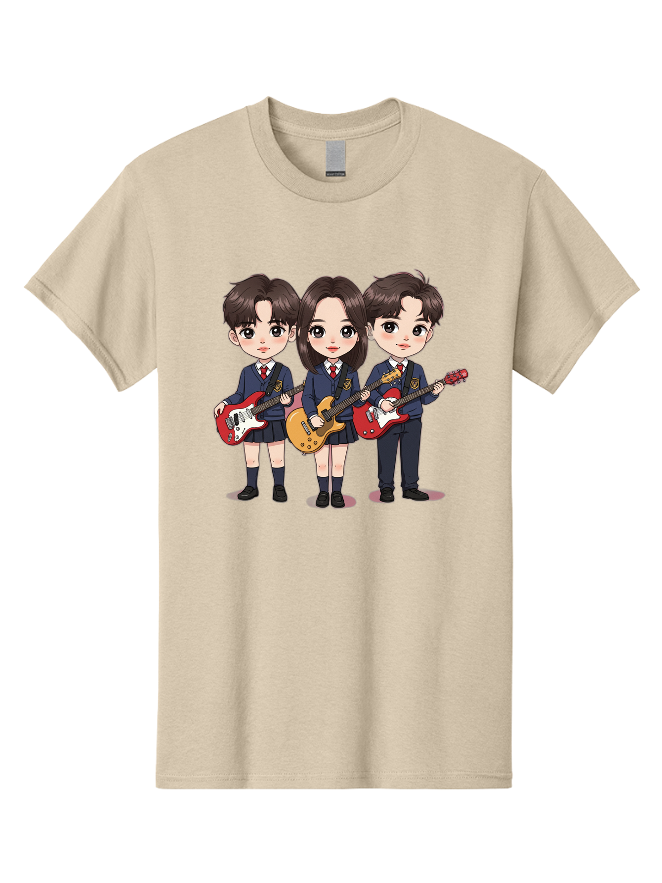 School-Kids-Band Men'S Graphic Tee, 100% Cotton, Comfortable Casual Summer Wear, Machine Washable, School Kids Playing Guitars, Cartoon Characters, School Uniforms, Music Enthusiasts, Youth Culture, Guitar Riffs, Playful Scene, Student Band Bac399