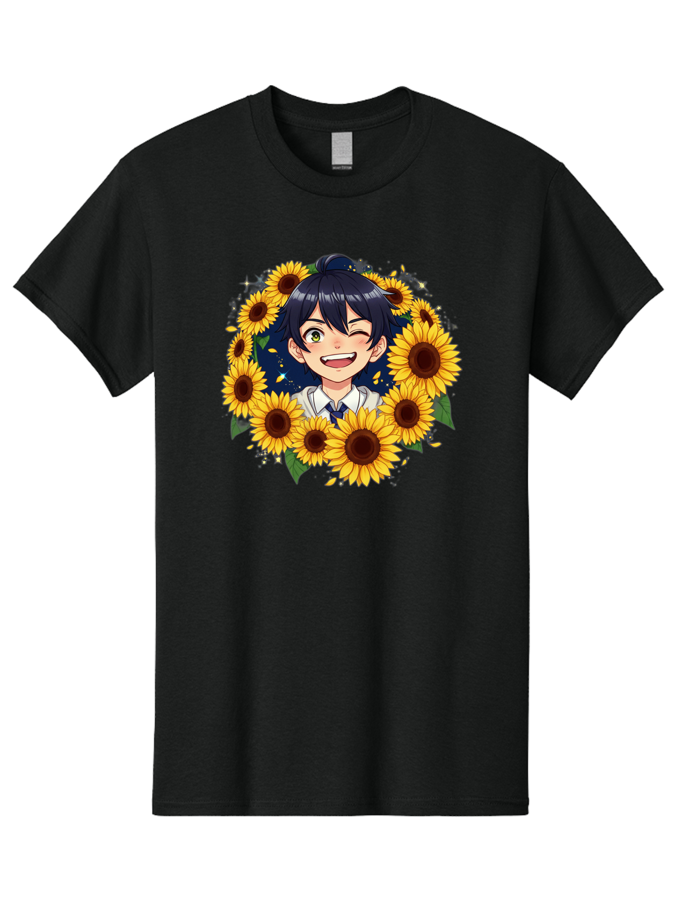 Schoolgirl-Sunflowers Men'S Graphic Tee, 100% Cotton, Comfortable Casual Summer Wear, Machine Washable, Anime Girl, Smiling Face, Sunny Disposition, Yellow Sunflowers, Black Hair, White Shirt, Blue Tie, Vibrant Flowers, Happy Expression, Bac400