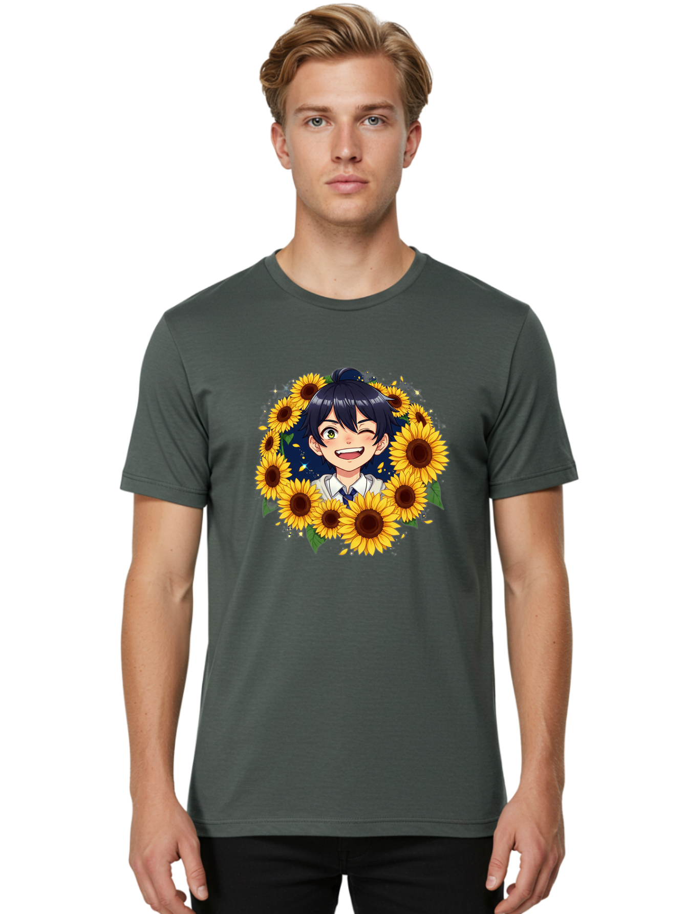 Schoolgirl-Sunflowers Men'S Graphic Tee, 100% Cotton, Comfortable Casual Summer Wear, Machine Washable, Anime Girl, Smiling Face, Sunny Disposition, Yellow Sunflowers, Black Hair, White Shirt, Blue Tie, Vibrant Flowers, Happy Expression, Bac400