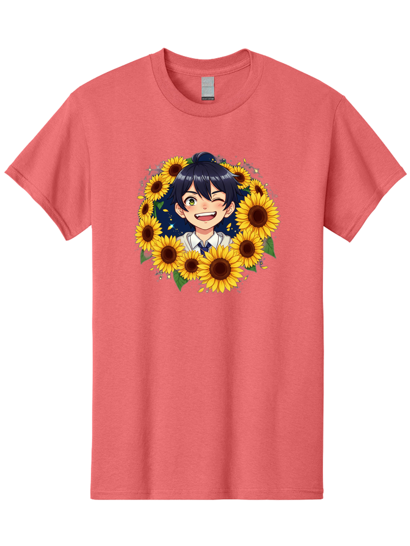 Schoolgirl-Sunflowers Men'S Graphic Tee, 100% Cotton, Comfortable Casual Summer Wear, Machine Washable, Anime Girl, Smiling Face, Sunny Disposition, Yellow Sunflowers, Black Hair, White Shirt, Blue Tie, Vibrant Flowers, Happy Expression, Bac400