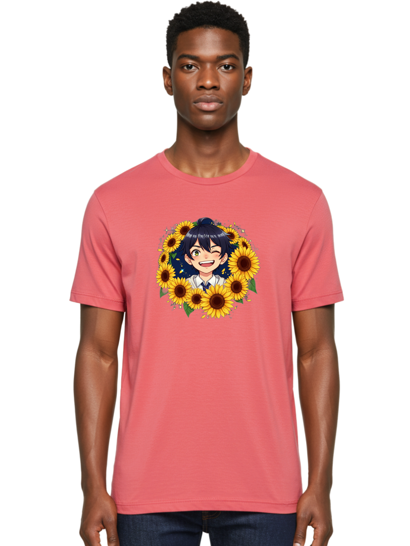 Schoolgirl-Sunflowers Men'S Graphic Tee, 100% Cotton, Comfortable Casual Summer Wear, Machine Washable, Anime Girl, Smiling Face, Sunny Disposition, Yellow Sunflowers, Black Hair, White Shirt, Blue Tie, Vibrant Flowers, Happy Expression, Bac400