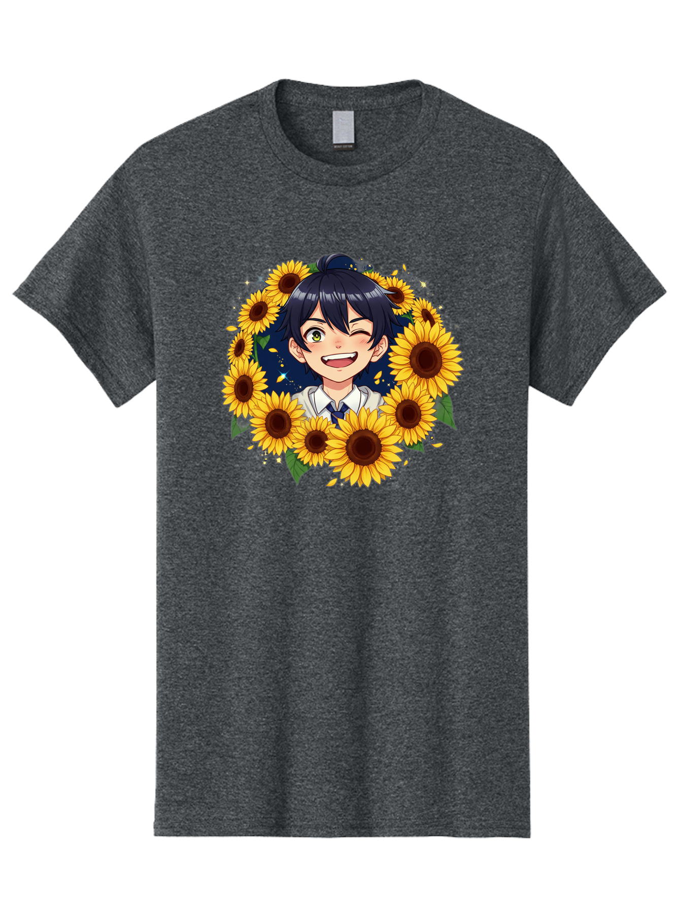 Schoolgirl-Sunflowers Men'S Graphic Tee, 100% Cotton, Comfortable Casual Summer Wear, Machine Washable, Anime Girl, Smiling Face, Sunny Disposition, Yellow Sunflowers, Black Hair, White Shirt, Blue Tie, Vibrant Flowers, Happy Expression, Bac400