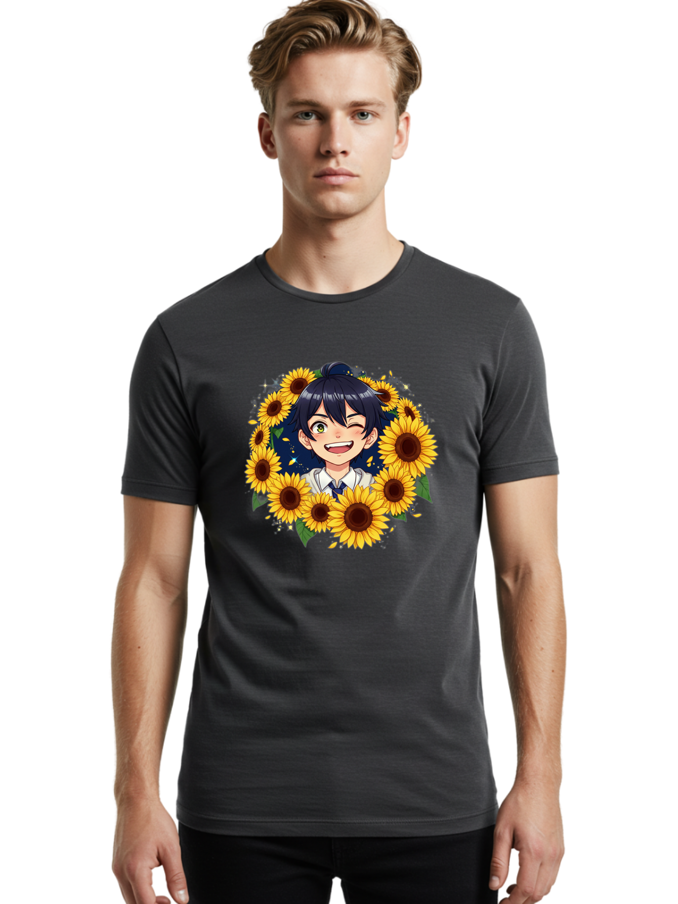 Schoolgirl-Sunflowers Men'S Graphic Tee, 100% Cotton, Comfortable Casual Summer Wear, Machine Washable, Anime Girl, Smiling Face, Sunny Disposition, Yellow Sunflowers, Black Hair, White Shirt, Blue Tie, Vibrant Flowers, Happy Expression, Bac400