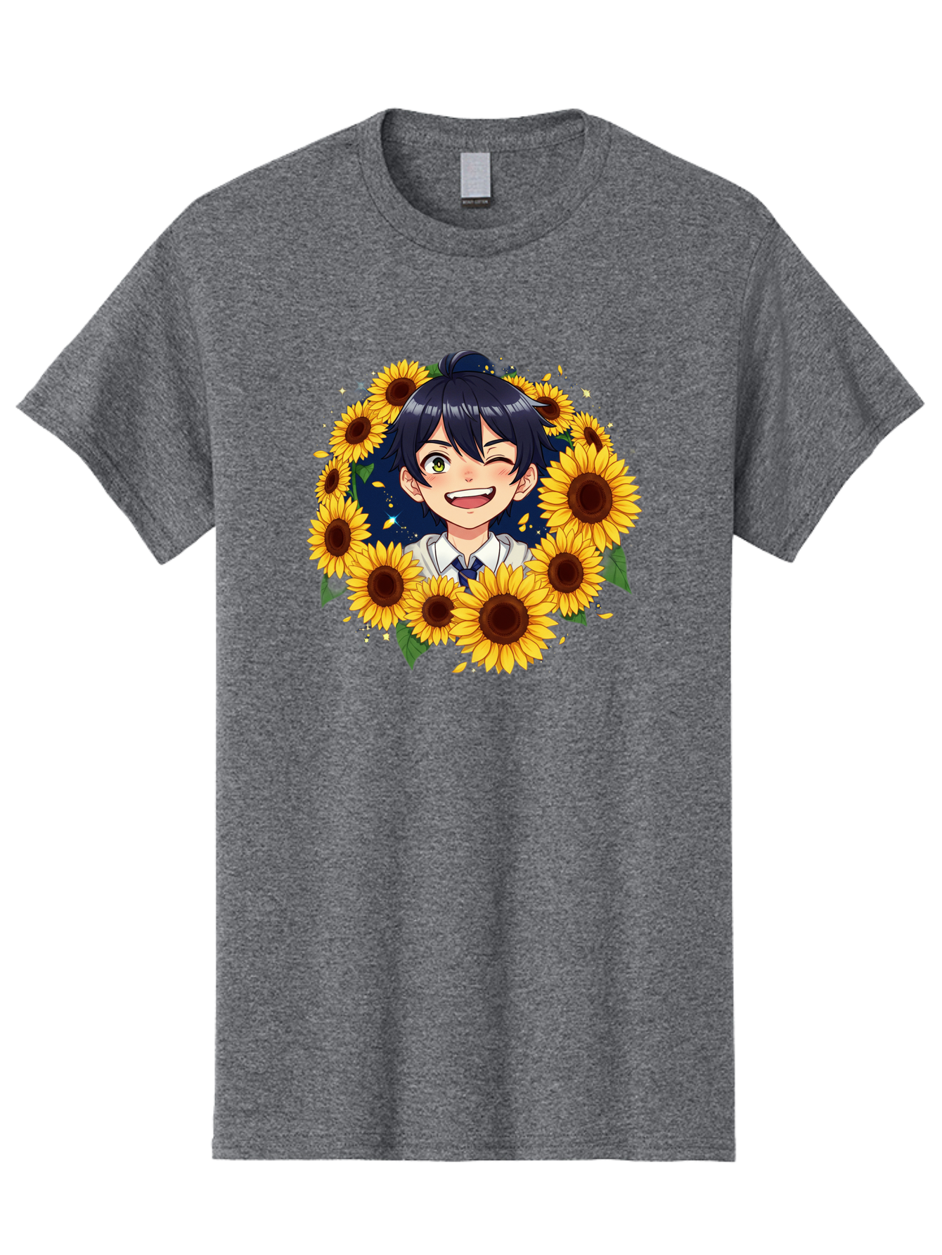 Schoolgirl-Sunflowers Men'S Graphic Tee, 100% Cotton, Comfortable Casual Summer Wear, Machine Washable, Anime Girl, Smiling Face, Sunny Disposition, Yellow Sunflowers, Black Hair, White Shirt, Blue Tie, Vibrant Flowers, Happy Expression, Bac400