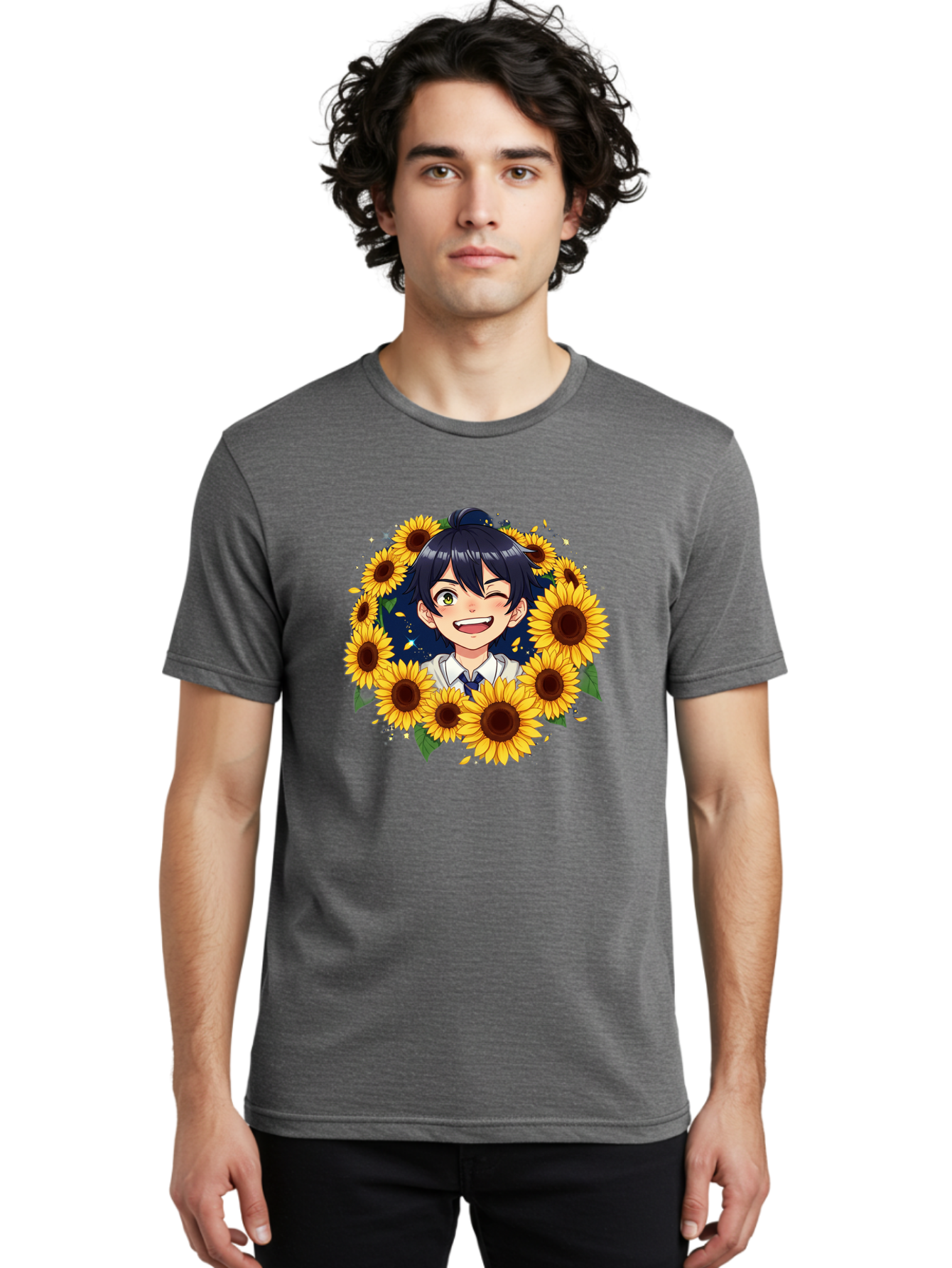 Schoolgirl-Sunflowers Men'S Graphic Tee, 100% Cotton, Comfortable Casual Summer Wear, Machine Washable, Anime Girl, Smiling Face, Sunny Disposition, Yellow Sunflowers, Black Hair, White Shirt, Blue Tie, Vibrant Flowers, Happy Expression, Bac400