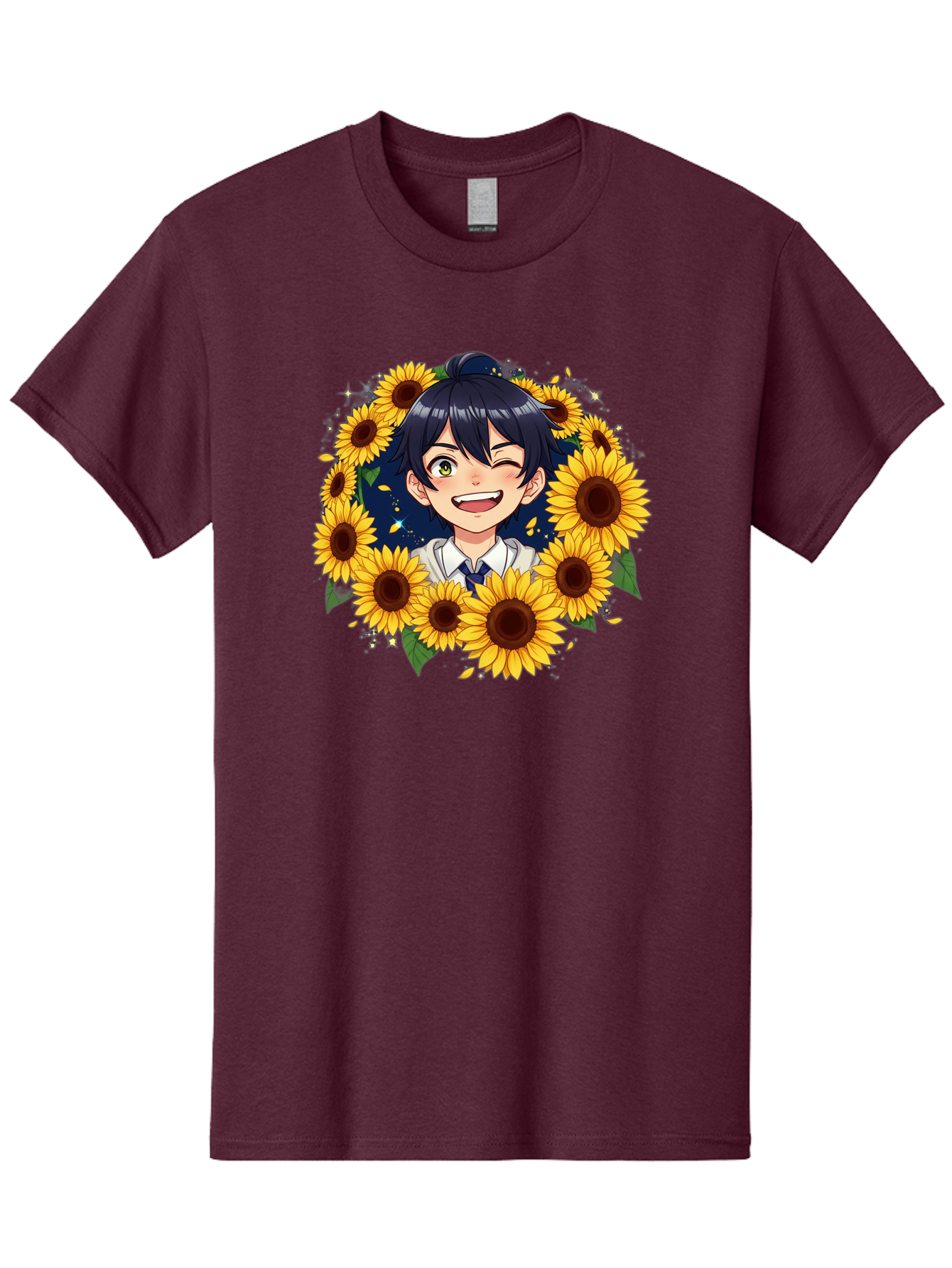 Schoolgirl-Sunflowers Men'S Graphic Tee, 100% Cotton, Comfortable Casual Summer Wear, Machine Washable, Anime Girl, Smiling Face, Sunny Disposition, Yellow Sunflowers, Black Hair, White Shirt, Blue Tie, Vibrant Flowers, Happy Expression, Bac400