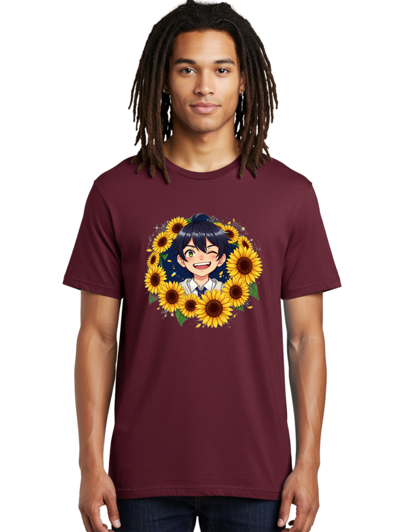 Schoolgirl-Sunflowers Men'S Graphic Tee, 100% Cotton, Comfortable Casual Summer Wear, Machine Washable, Anime Girl, Smiling Face, Sunny Disposition, Yellow Sunflowers, Black Hair, White Shirt, Blue Tie, Vibrant Flowers, Happy Expression, Bac400