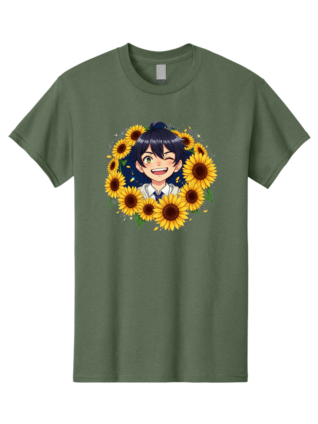 Schoolgirl-Sunflowers Men'S Graphic Tee, 100% Cotton, Comfortable Casual Summer Wear, Machine Washable, Anime Girl, Smiling Face, Sunny Disposition, Yellow Sunflowers, Black Hair, White Shirt, Blue Tie, Vibrant Flowers, Happy Expression, Bac400