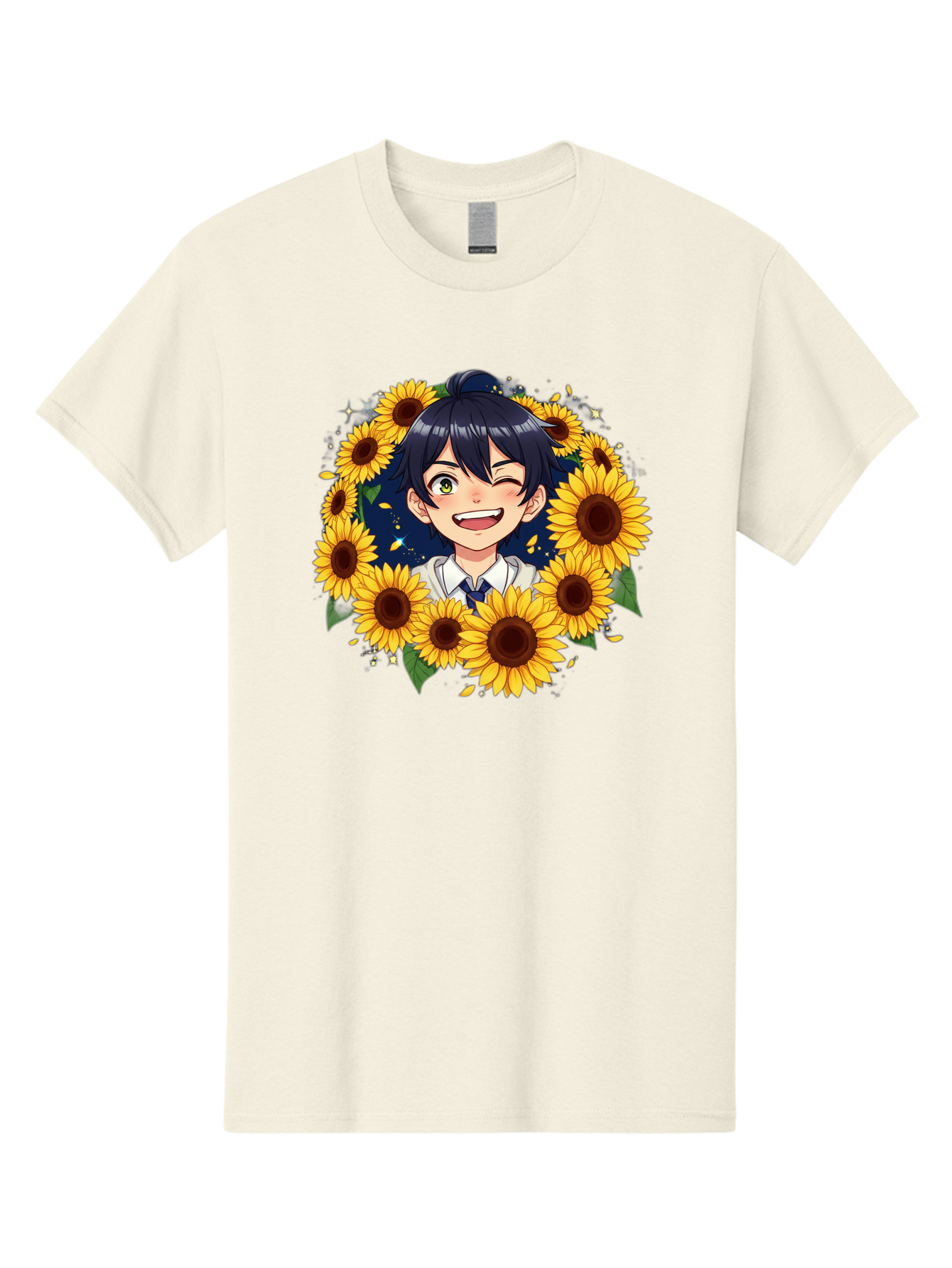 Schoolgirl-Sunflowers Men'S Graphic Tee, 100% Cotton, Comfortable Casual Summer Wear, Machine Washable, Anime Girl, Smiling Face, Sunny Disposition, Yellow Sunflowers, Black Hair, White Shirt, Blue Tie, Vibrant Flowers, Happy Expression, Bac400