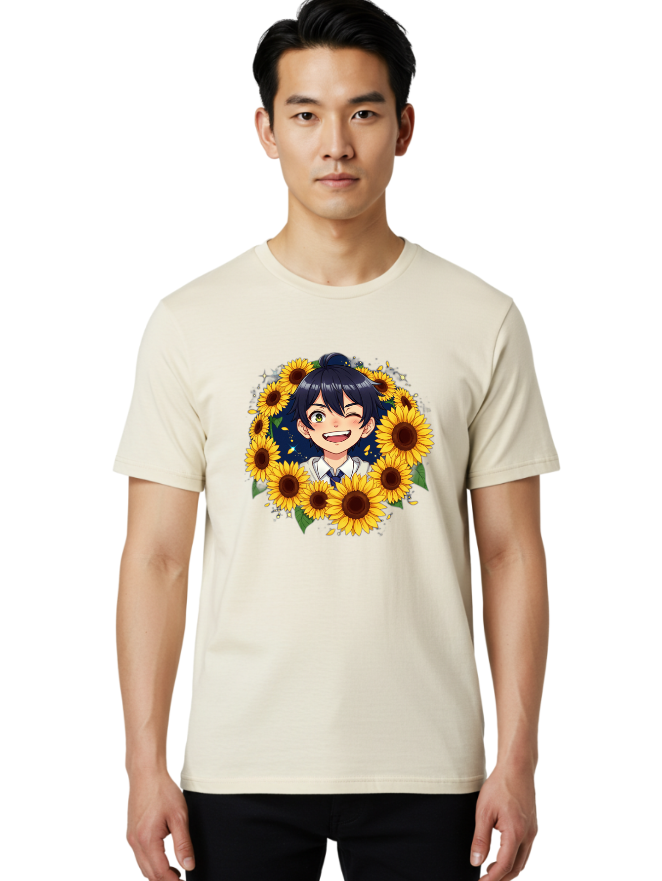 Schoolgirl-Sunflowers Men'S Graphic Tee, 100% Cotton, Comfortable Casual Summer Wear, Machine Washable, Anime Girl, Smiling Face, Sunny Disposition, Yellow Sunflowers, Black Hair, White Shirt, Blue Tie, Vibrant Flowers, Happy Expression, Bac400