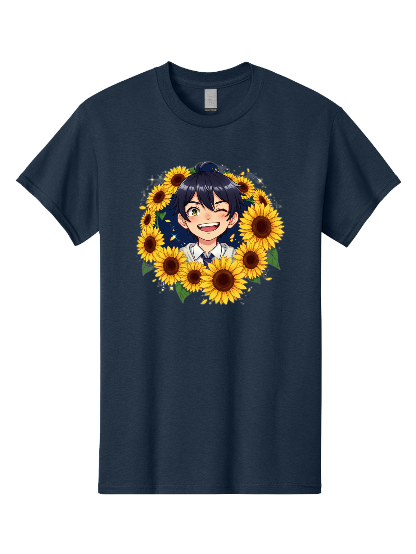 Schoolgirl-Sunflowers Men'S Graphic Tee, 100% Cotton, Comfortable Casual Summer Wear, Machine Washable, Anime Girl, Smiling Face, Sunny Disposition, Yellow Sunflowers, Black Hair, White Shirt, Blue Tie, Vibrant Flowers, Happy Expression, Bac400