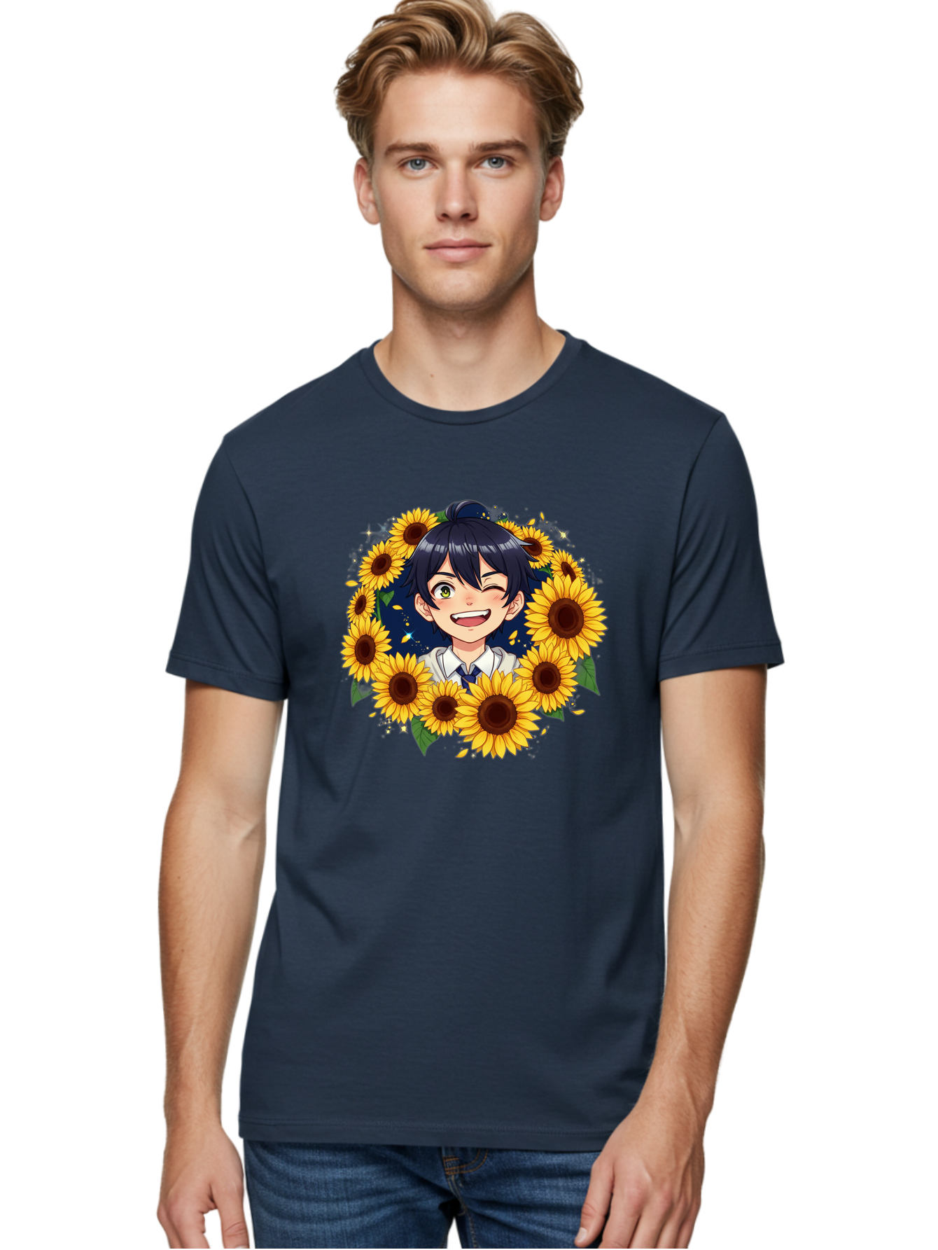 Schoolgirl-Sunflowers Men'S Graphic Tee, 100% Cotton, Comfortable Casual Summer Wear, Machine Washable, Anime Girl, Smiling Face, Sunny Disposition, Yellow Sunflowers, Black Hair, White Shirt, Blue Tie, Vibrant Flowers, Happy Expression, Bac400