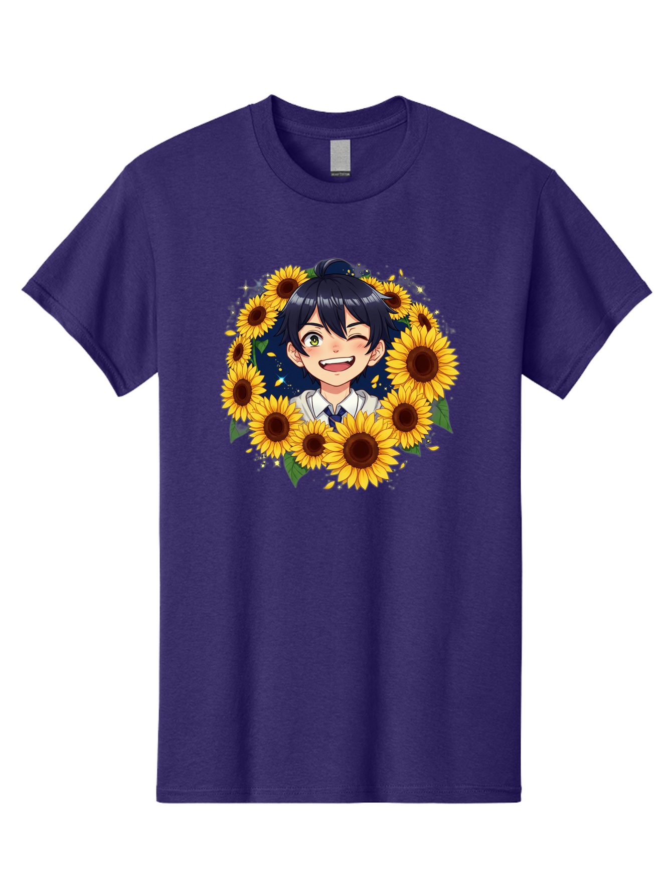Schoolgirl-Sunflowers Men'S Graphic Tee, 100% Cotton, Comfortable Casual Summer Wear, Machine Washable, Anime Girl, Smiling Face, Sunny Disposition, Yellow Sunflowers, Black Hair, White Shirt, Blue Tie, Vibrant Flowers, Happy Expression, Bac400