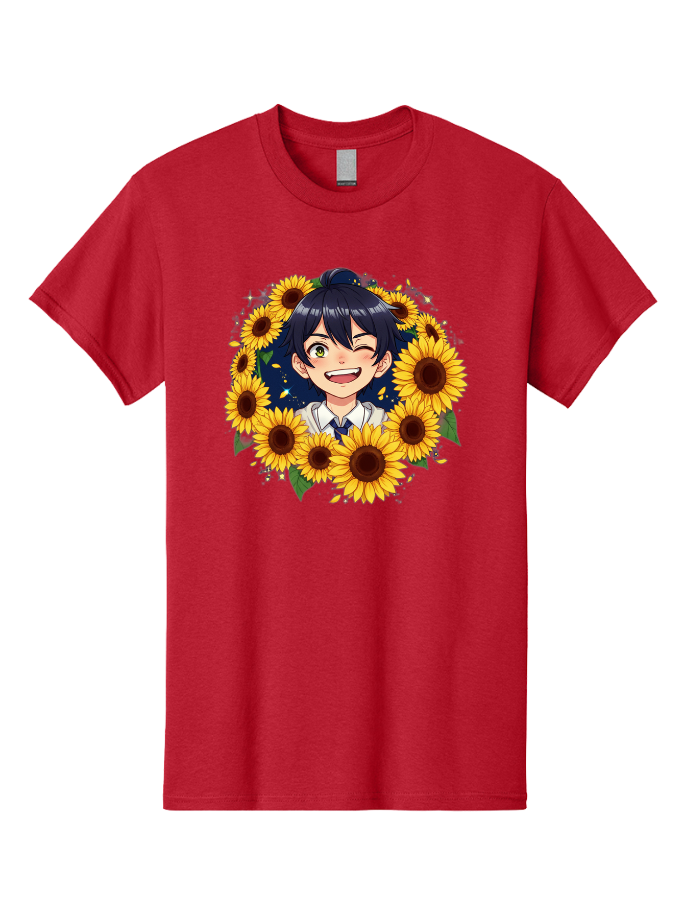 Schoolgirl-Sunflowers Men'S Graphic Tee, 100% Cotton, Comfortable Casual Summer Wear, Machine Washable, Anime Girl, Smiling Face, Sunny Disposition, Yellow Sunflowers, Black Hair, White Shirt, Blue Tie, Vibrant Flowers, Happy Expression, Bac400