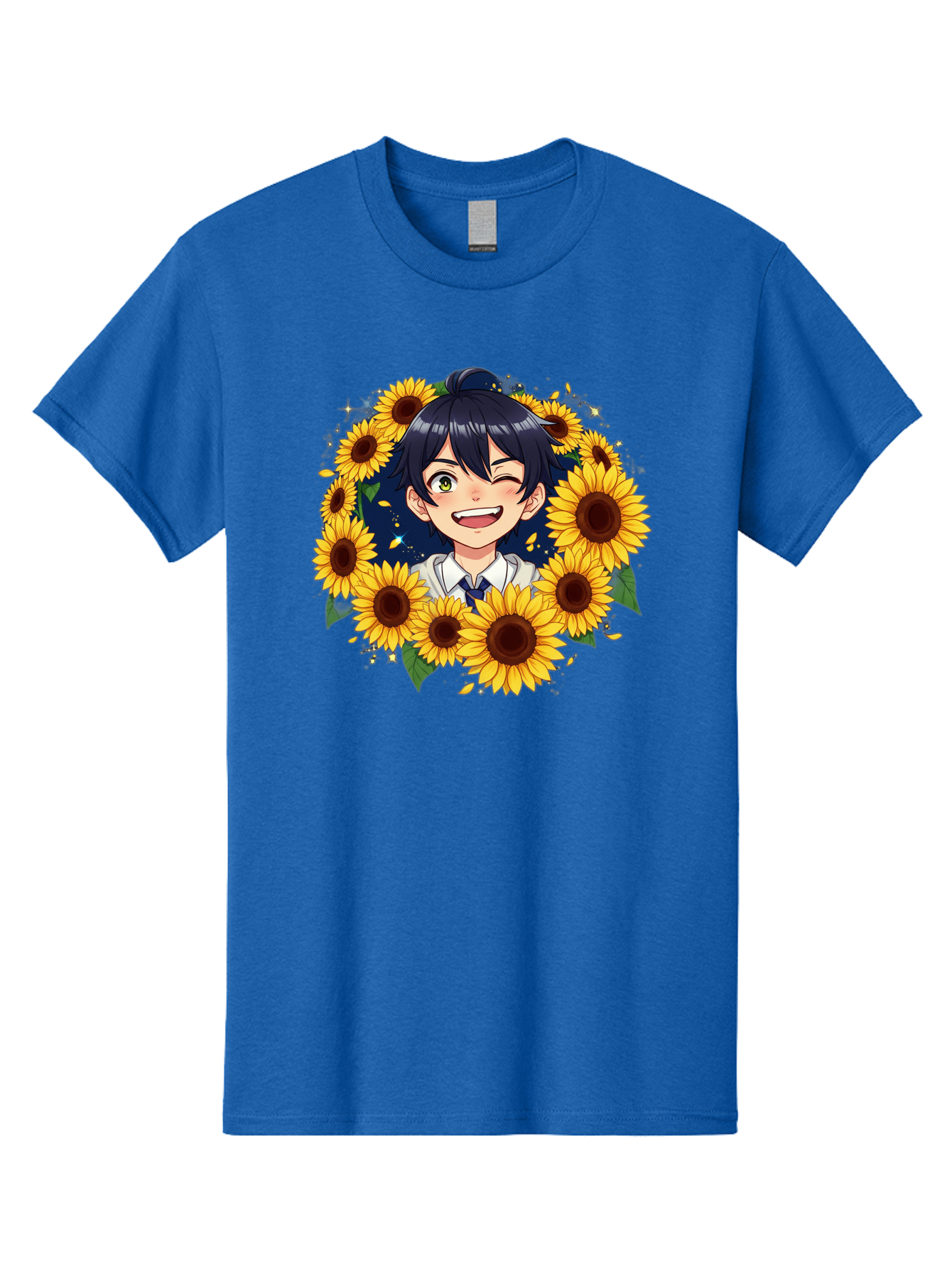 Schoolgirl-Sunflowers Men'S Graphic Tee, 100% Cotton, Comfortable Casual Summer Wear, Machine Washable, Anime Girl, Smiling Face, Sunny Disposition, Yellow Sunflowers, Black Hair, White Shirt, Blue Tie, Vibrant Flowers, Happy Expression, Bac400