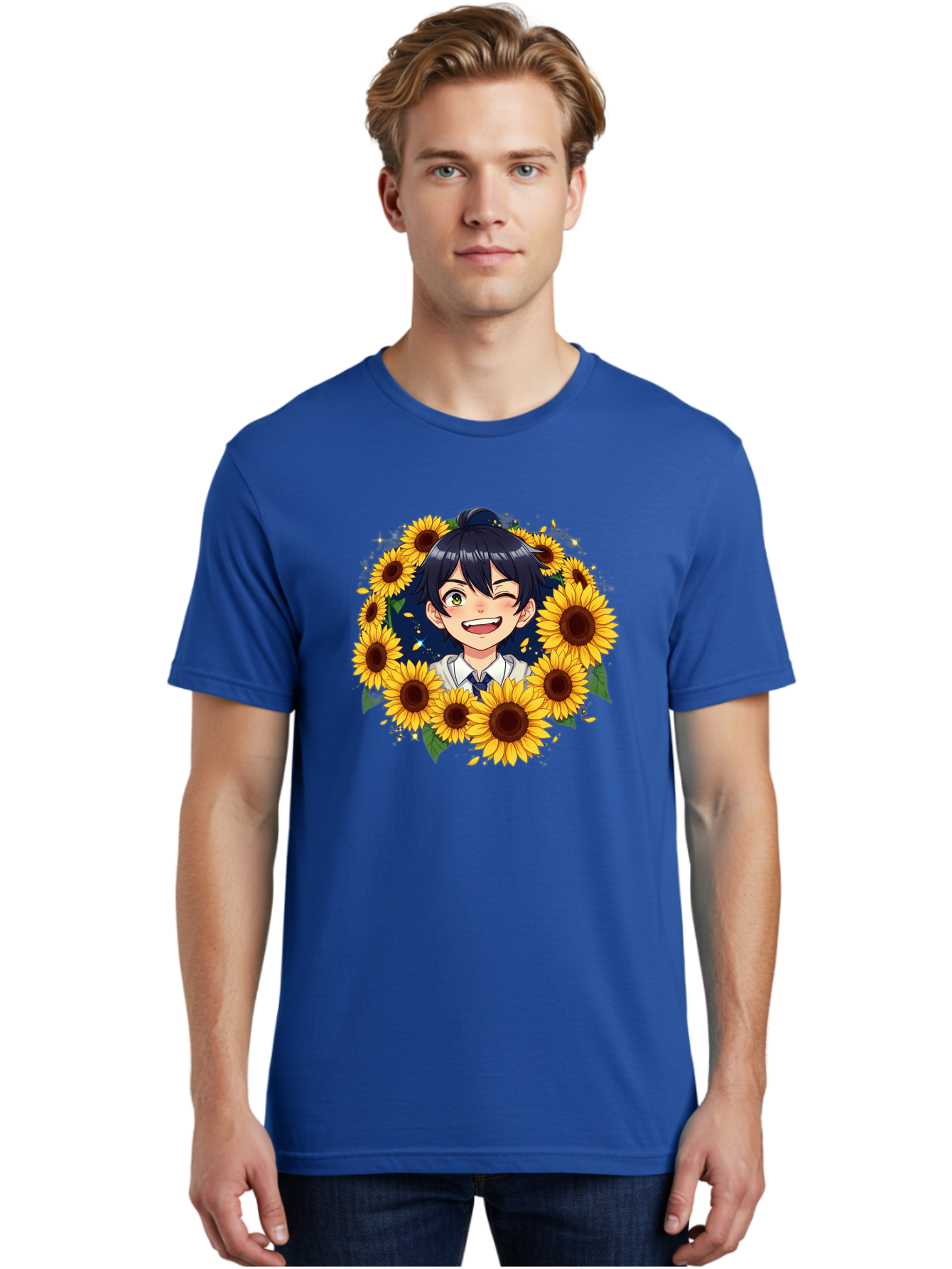 Schoolgirl-Sunflowers Men'S Graphic Tee, 100% Cotton, Comfortable Casual Summer Wear, Machine Washable, Anime Girl, Smiling Face, Sunny Disposition, Yellow Sunflowers, Black Hair, White Shirt, Blue Tie, Vibrant Flowers, Happy Expression, Bac400