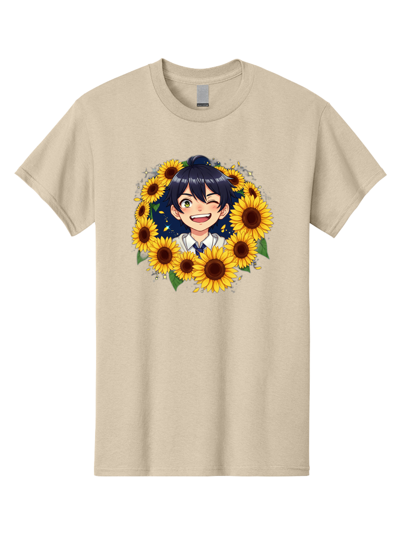 Schoolgirl-Sunflowers Men'S Graphic Tee, 100% Cotton, Comfortable Casual Summer Wear, Machine Washable, Anime Girl, Smiling Face, Sunny Disposition, Yellow Sunflowers, Black Hair, White Shirt, Blue Tie, Vibrant Flowers, Happy Expression, Bac400