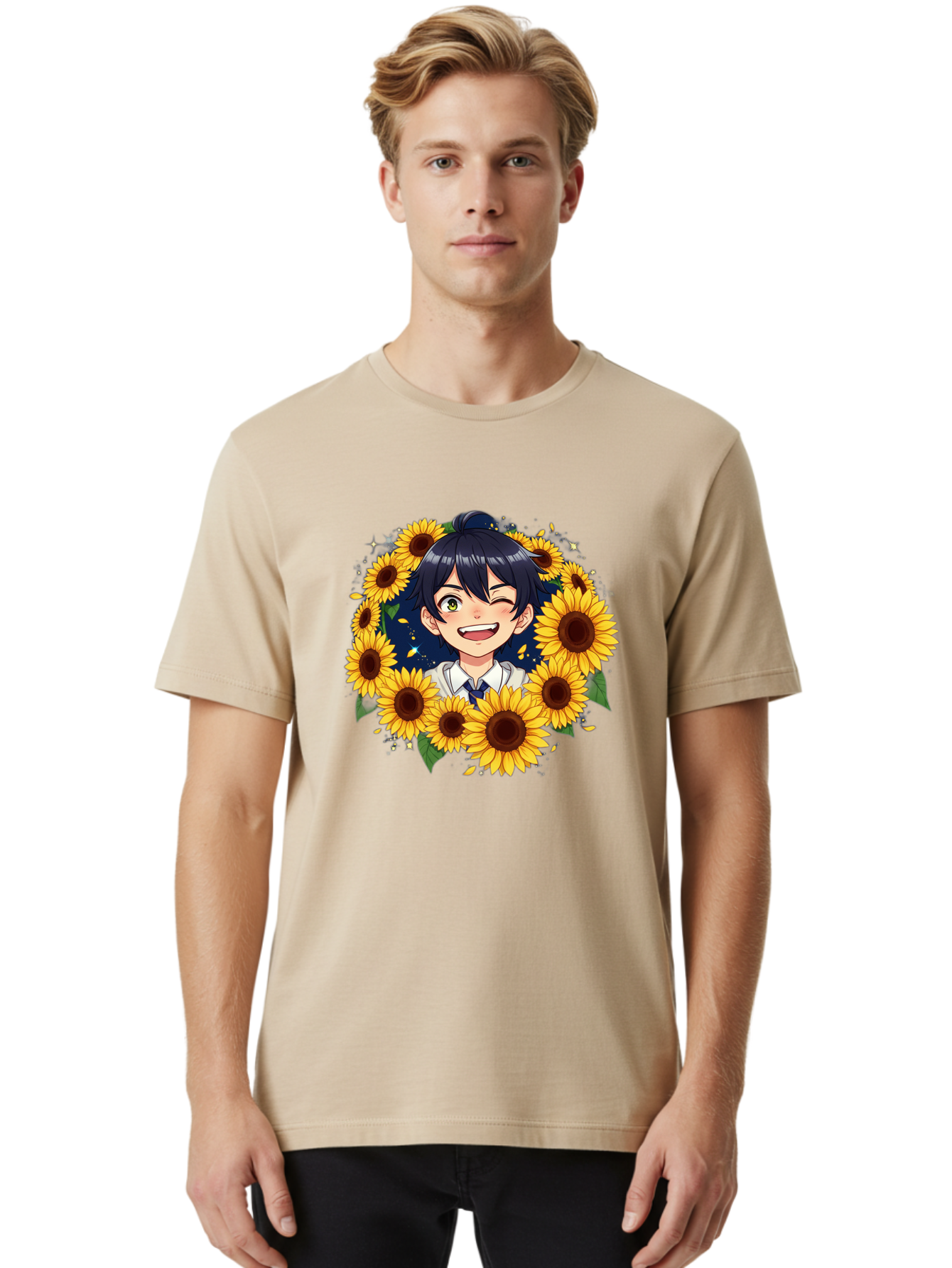 Schoolgirl-Sunflowers Men'S Graphic Tee, 100% Cotton, Comfortable Casual Summer Wear, Machine Washable, Anime Girl, Smiling Face, Sunny Disposition, Yellow Sunflowers, Black Hair, White Shirt, Blue Tie, Vibrant Flowers, Happy Expression, Bac400