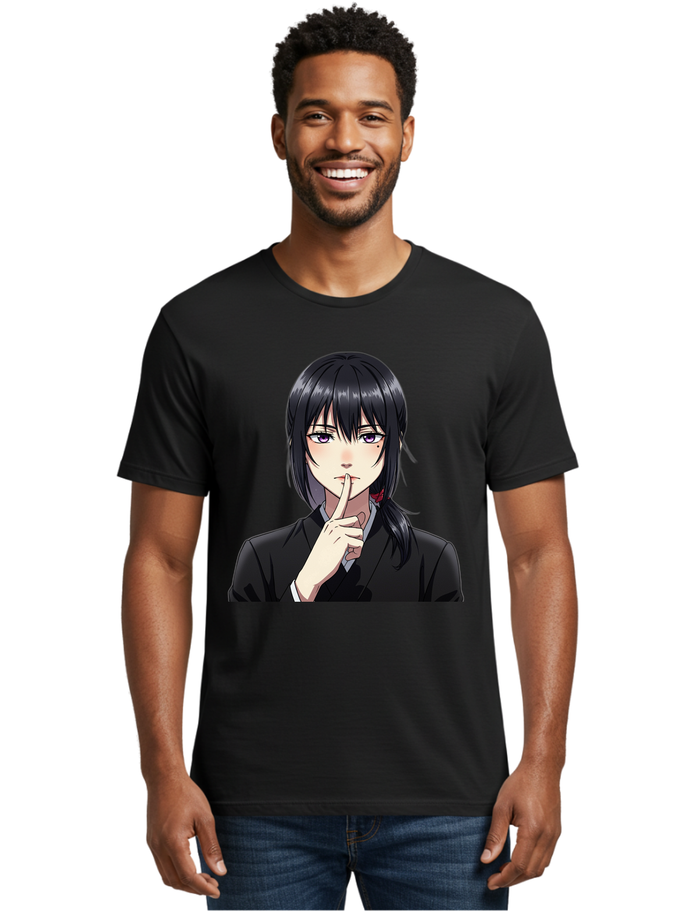 Shh-Girl Men'S Graphic Tee, 100% Cotton, Comfortable Casual Summer Wear, Machine Washable, Anime Girl, Shh Gesture, Finger To Lips, Silence Indicator, Black Hair, Business Attire, Corporate Style, Secret Keeper, Quiet Sign, Manga Character Bac401