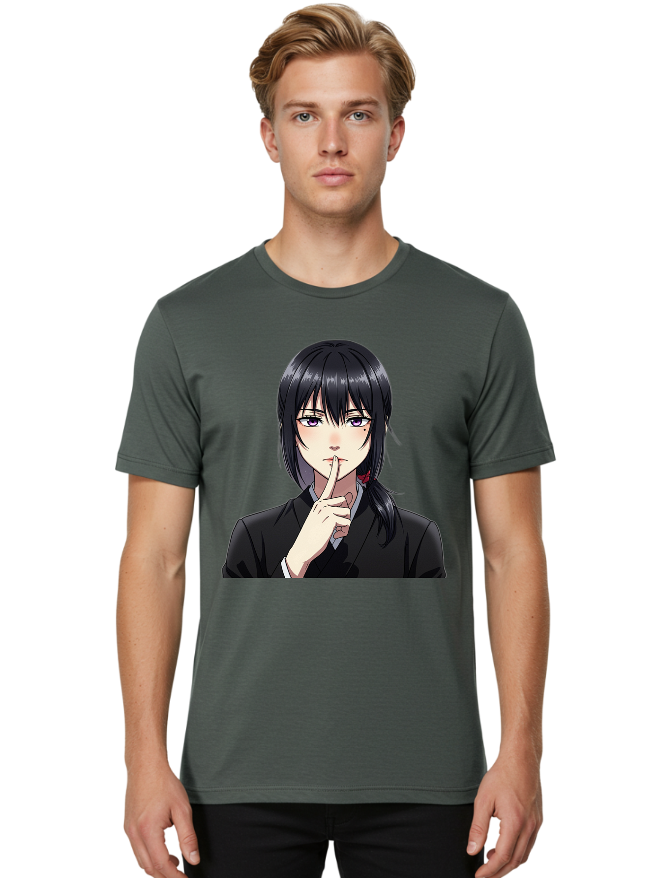 Shh-Girl Men'S Graphic Tee, 100% Cotton, Comfortable Casual Summer Wear, Machine Washable, Anime Girl, Shh Gesture, Finger To Lips, Silence Indicator, Black Hair, Business Attire, Corporate Style, Secret Keeper, Quiet Sign, Manga Character Bac401
