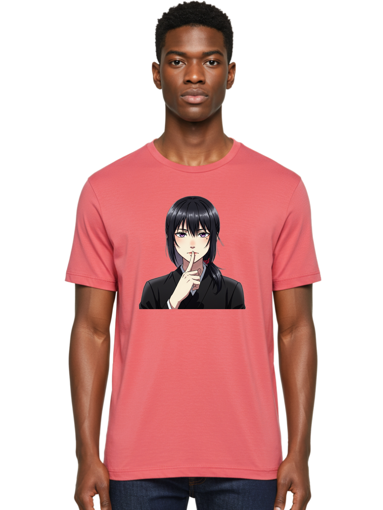 Shh-Girl Men'S Graphic Tee, 100% Cotton, Comfortable Casual Summer Wear, Machine Washable, Anime Girl, Shh Gesture, Finger To Lips, Silence Indicator, Black Hair, Business Attire, Corporate Style, Secret Keeper, Quiet Sign, Manga Character Bac401