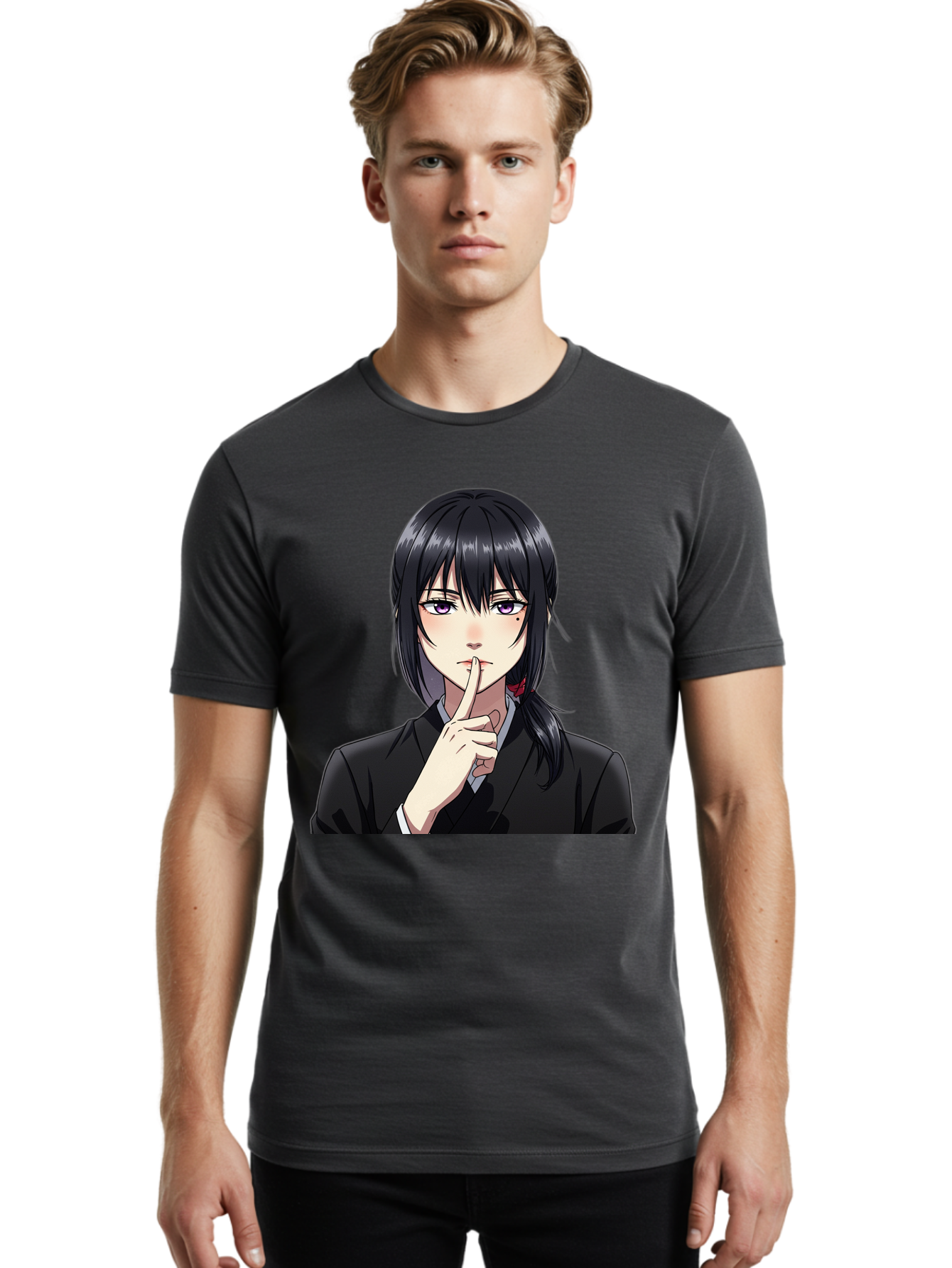 Shh-Girl Men'S Graphic Tee, 100% Cotton, Comfortable Casual Summer Wear, Machine Washable, Anime Girl, Shh Gesture, Finger To Lips, Silence Indicator, Black Hair, Business Attire, Corporate Style, Secret Keeper, Quiet Sign, Manga Character Bac401