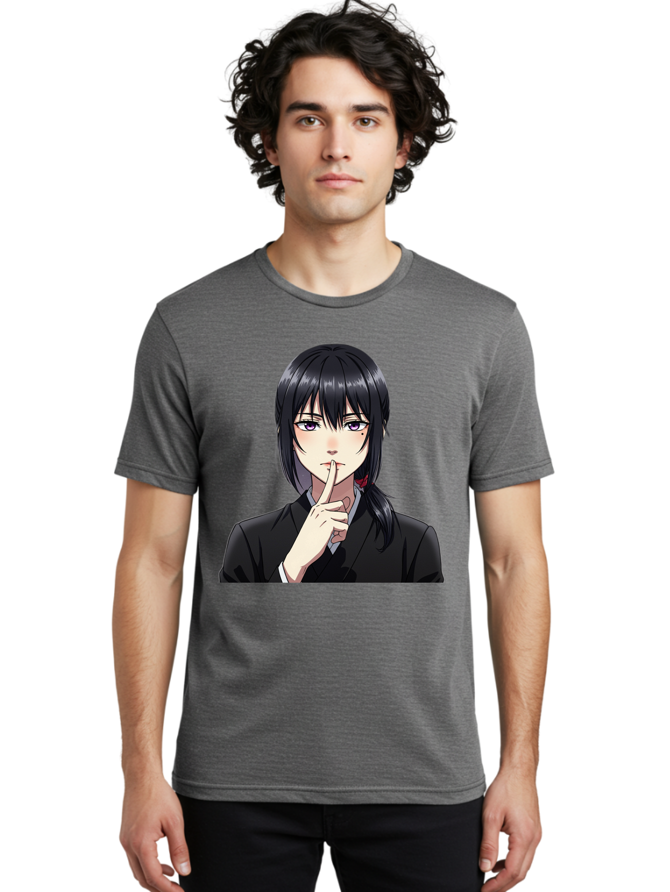 Shh-Girl Men'S Graphic Tee, 100% Cotton, Comfortable Casual Summer Wear, Machine Washable, Anime Girl, Shh Gesture, Finger To Lips, Silence Indicator, Black Hair, Business Attire, Corporate Style, Secret Keeper, Quiet Sign, Manga Character Bac401