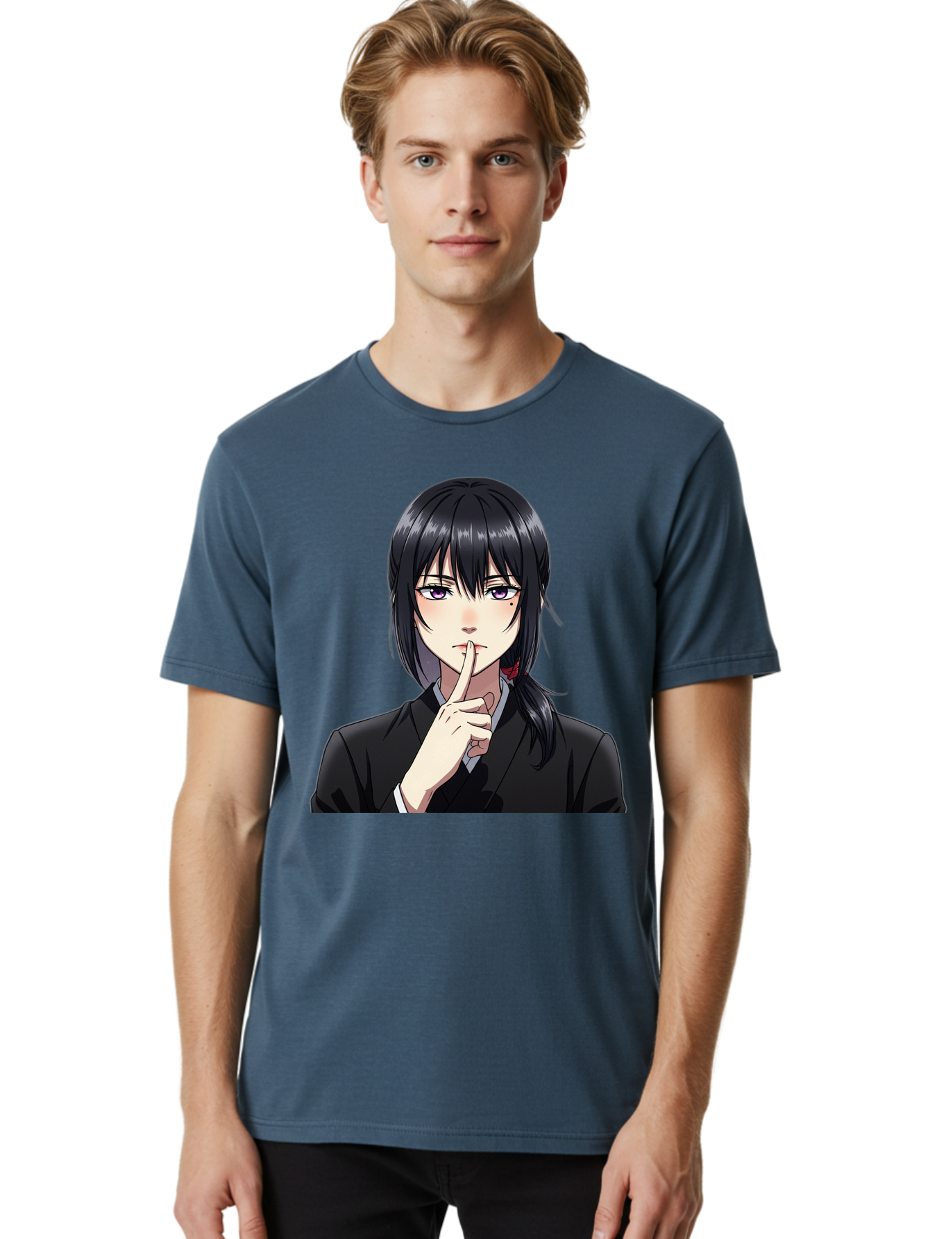 Shh-Girl Men'S Graphic Tee, 100% Cotton, Comfortable Casual Summer Wear, Machine Washable, Anime Girl, Shh Gesture, Finger To Lips, Silence Indicator, Black Hair, Business Attire, Corporate Style, Secret Keeper, Quiet Sign, Manga Character Bac401