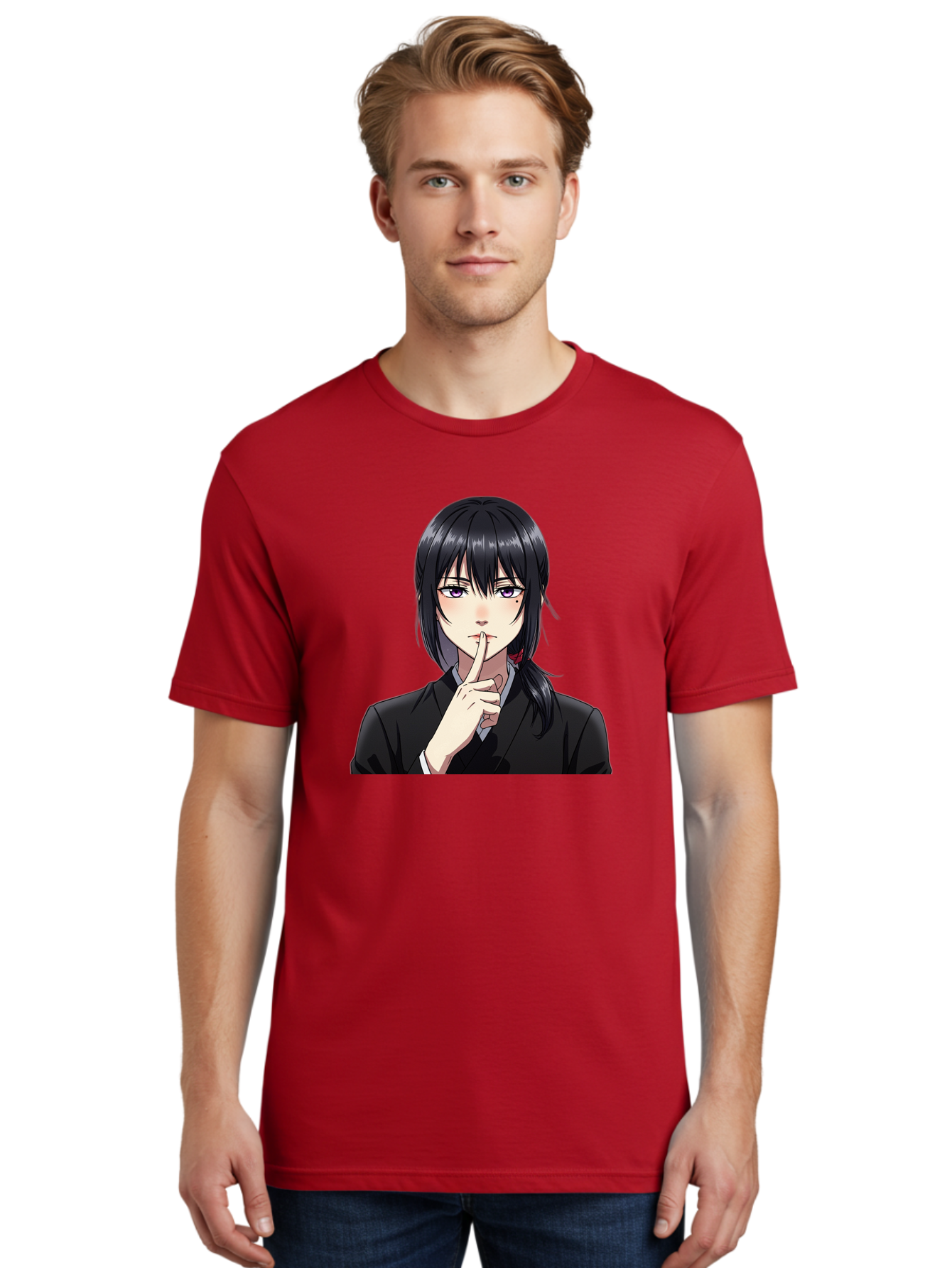Shh-Girl Men'S Graphic Tee, 100% Cotton, Comfortable Casual Summer Wear, Machine Washable, Anime Girl, Shh Gesture, Finger To Lips, Silence Indicator, Black Hair, Business Attire, Corporate Style, Secret Keeper, Quiet Sign, Manga Character Bac401