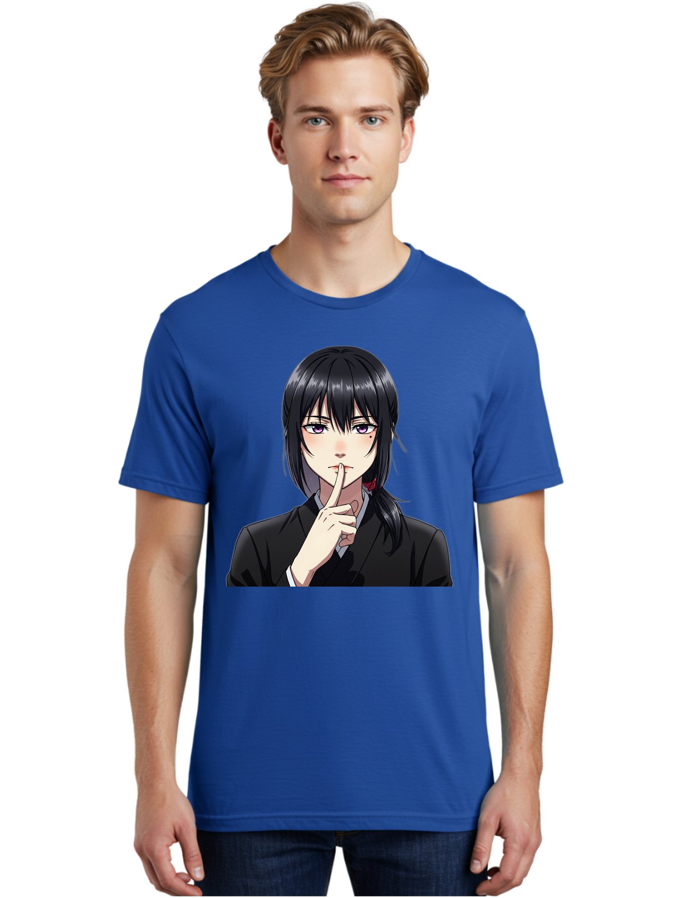 Shh-Girl Men'S Graphic Tee, 100% Cotton, Comfortable Casual Summer Wear, Machine Washable, Anime Girl, Shh Gesture, Finger To Lips, Silence Indicator, Black Hair, Business Attire, Corporate Style, Secret Keeper, Quiet Sign, Manga Character Bac401