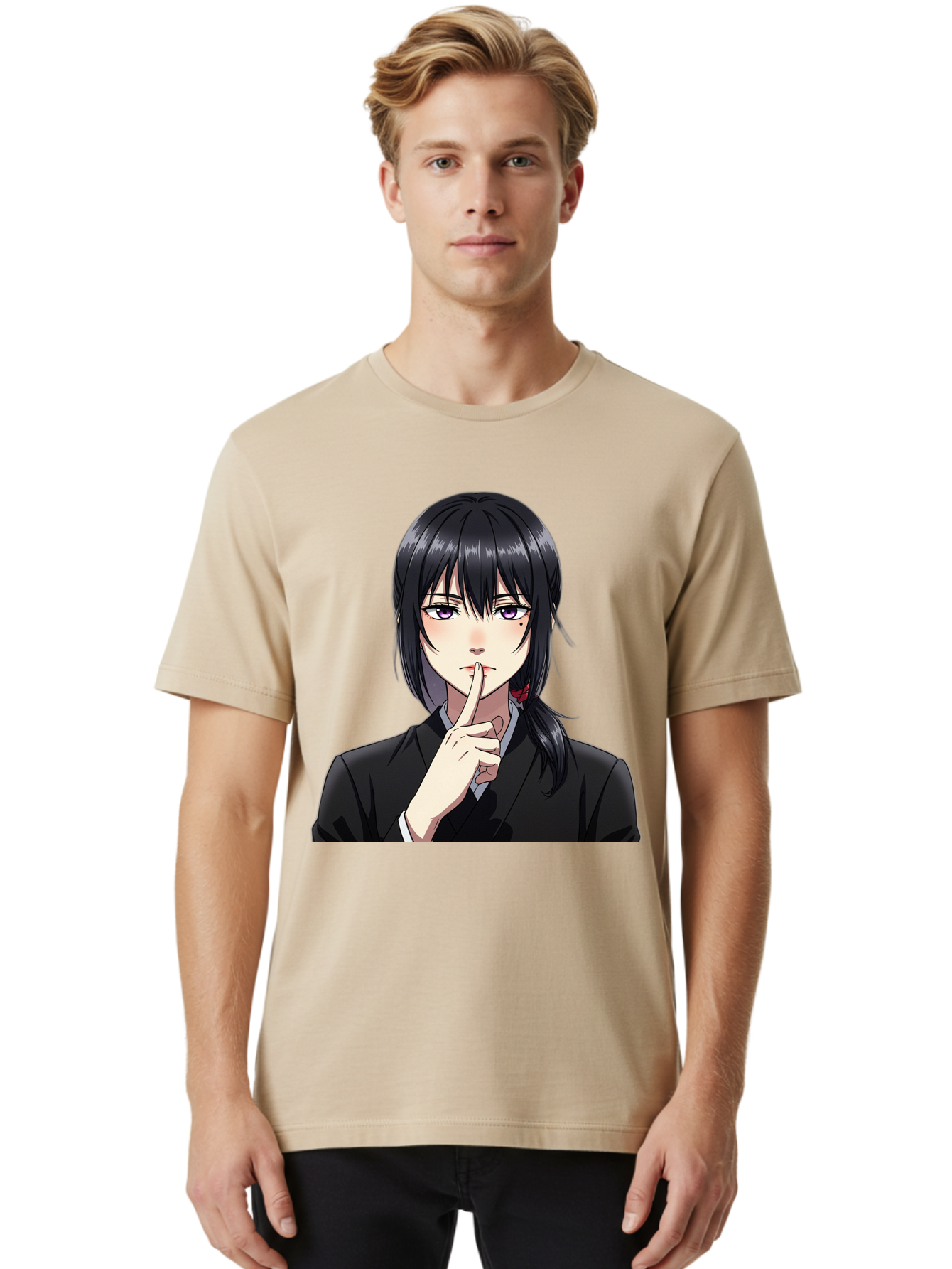 Shh-Girl Men'S Graphic Tee, 100% Cotton, Comfortable Casual Summer Wear, Machine Washable, Anime Girl, Shh Gesture, Finger To Lips, Silence Indicator, Black Hair, Business Attire, Corporate Style, Secret Keeper, Quiet Sign, Manga Character Bac401