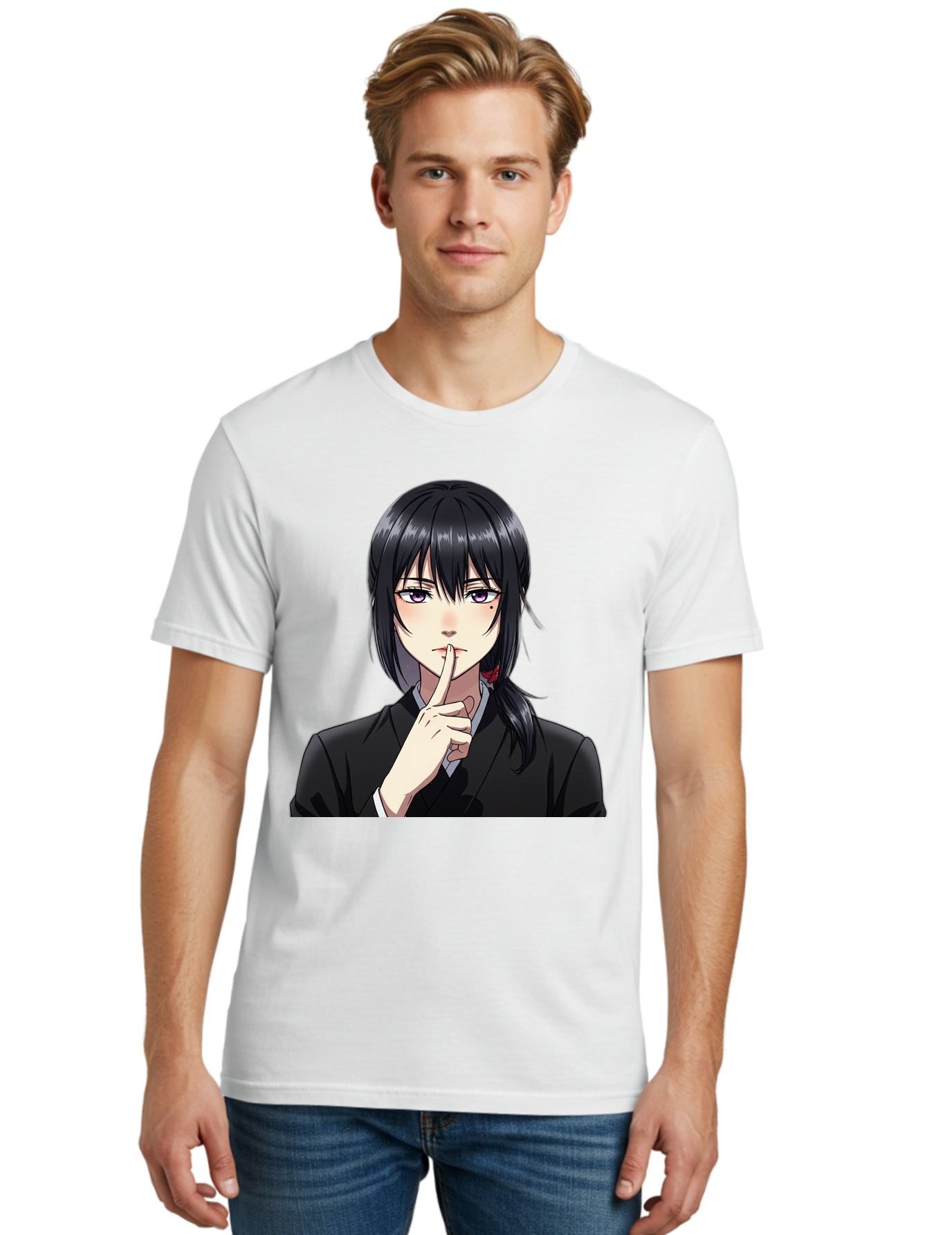 Shh-Girl Men'S Graphic Tee, 100% Cotton, Comfortable Casual Summer Wear, Machine Washable, Anime Girl, Shh Gesture, Finger To Lips, Silence Indicator, Black Hair, Business Attire, Corporate Style, Secret Keeper, Quiet Sign, Manga Character Bac401