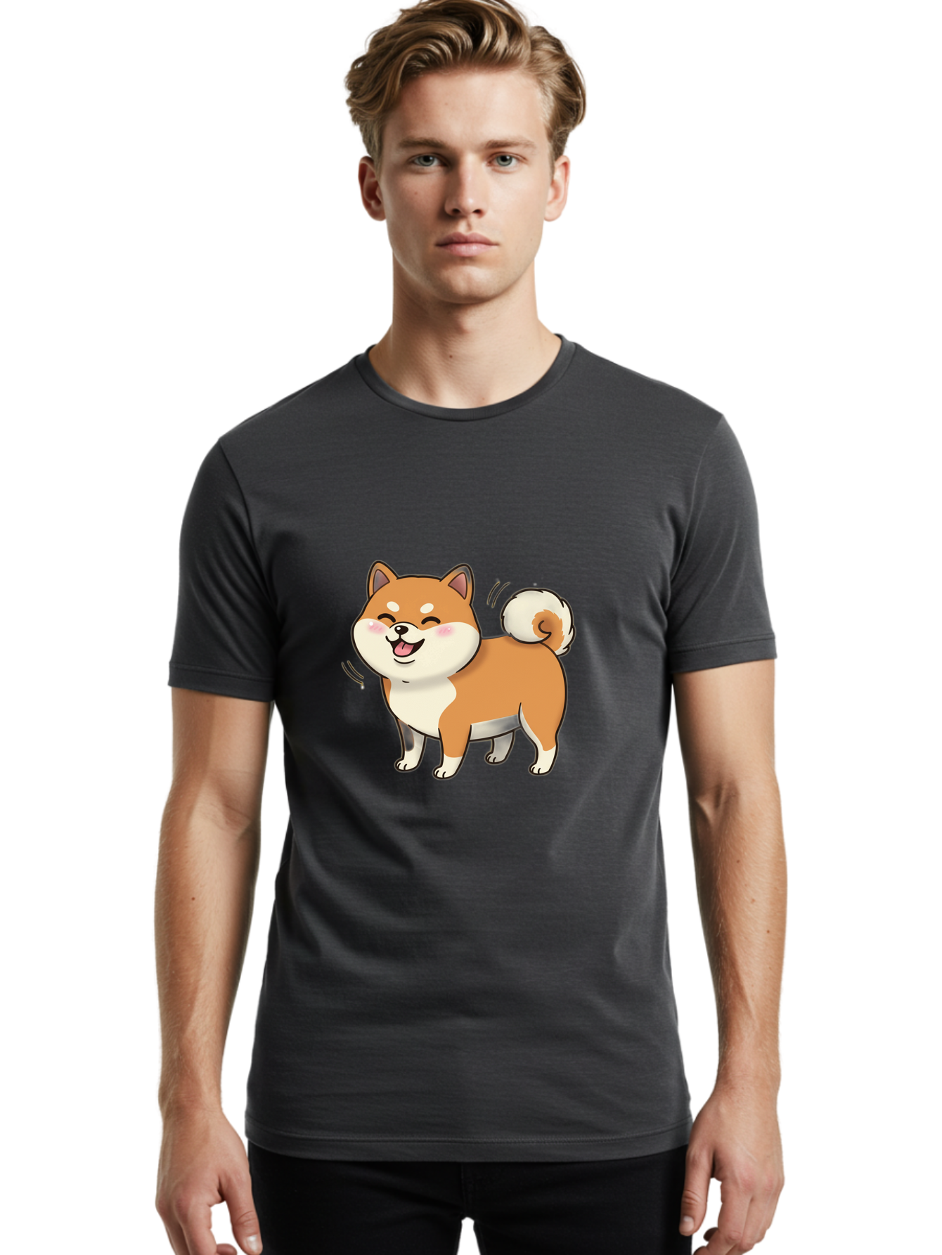 Shiba-Inu Men'S Graphic Tee, 100% Cotton, Comfortable Casual Summer Wear, Machine Washable, Shiba Inu, Cartoon Dog, Happy Dog, Playful Canine, Dog Animation, Adorable Pet, Kawaii Animal, Dog Illustration, Cute Puppy Bac402
