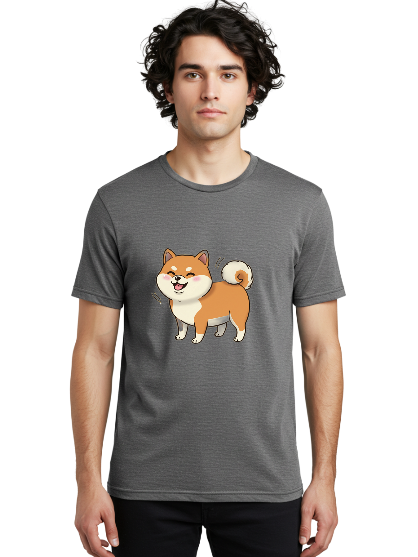 Shiba-Inu Men'S Graphic Tee, 100% Cotton, Comfortable Casual Summer Wear, Machine Washable, Shiba Inu, Cartoon Dog, Happy Dog, Playful Canine, Dog Animation, Adorable Pet, Kawaii Animal, Dog Illustration, Cute Puppy Bac402